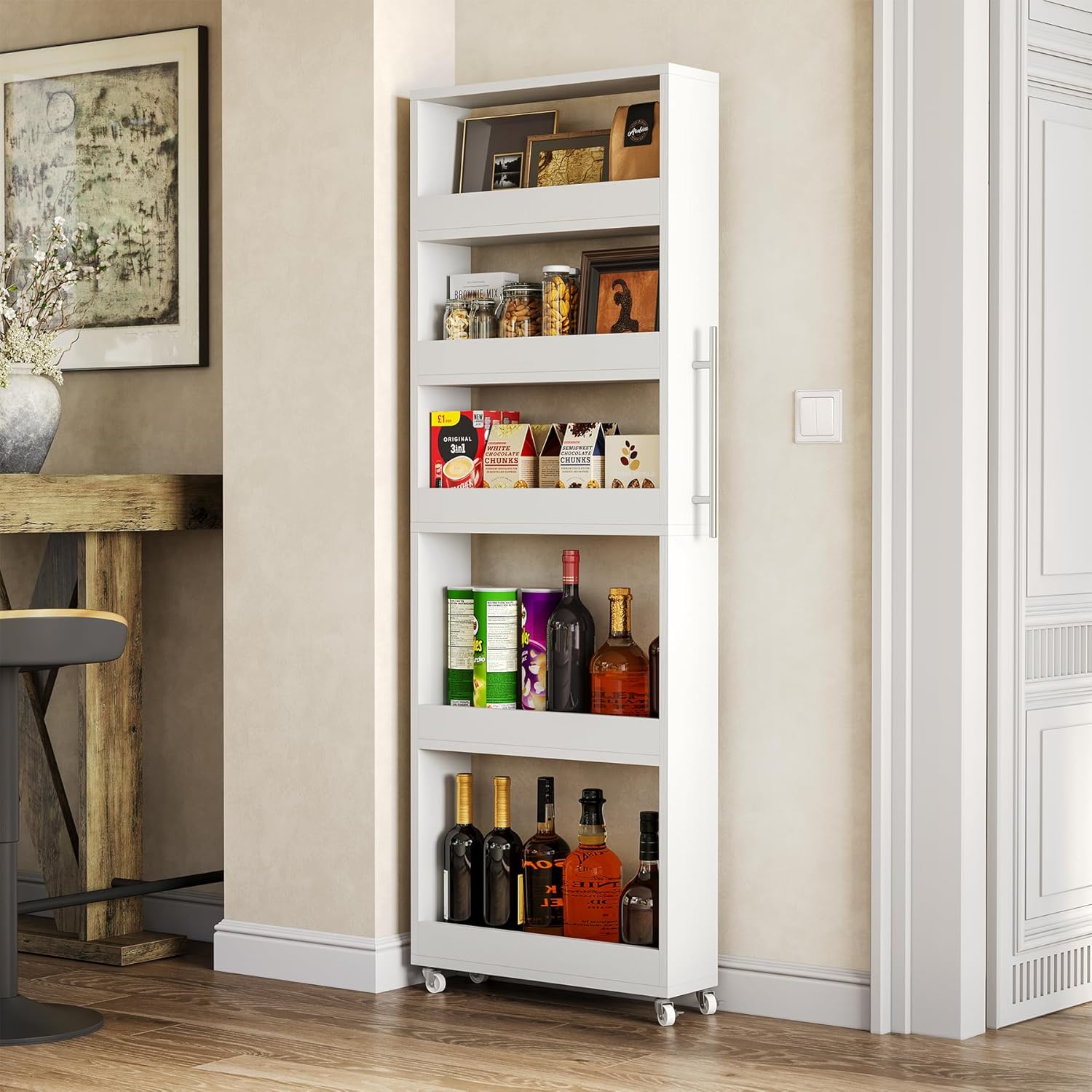 160cm Slim Storage Cart on Wheels, 5-Tier Narrow Rolling Shelf Organizer for Kitchen & Dining Room