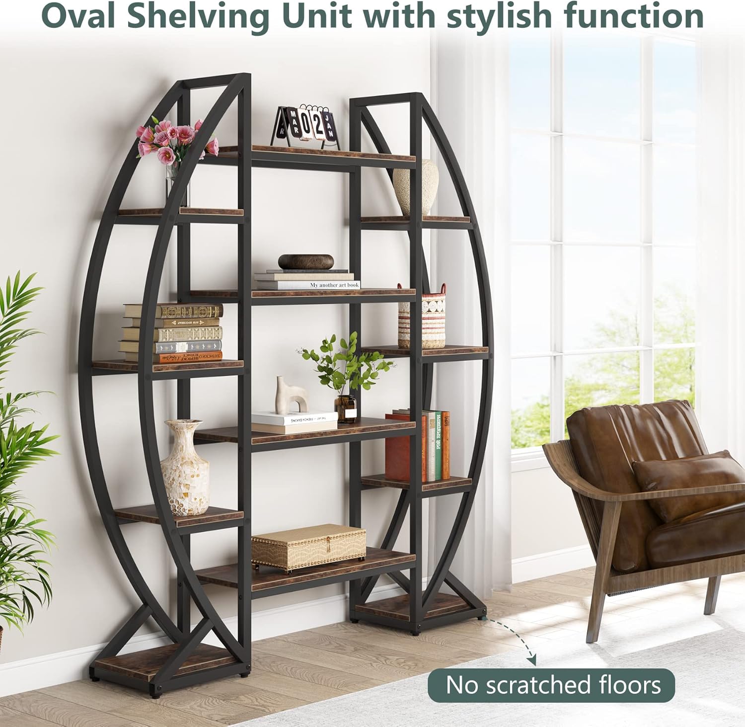 140 CM Bookshelf, 5-Tier Oval Bookcase Etagere Display Shelves