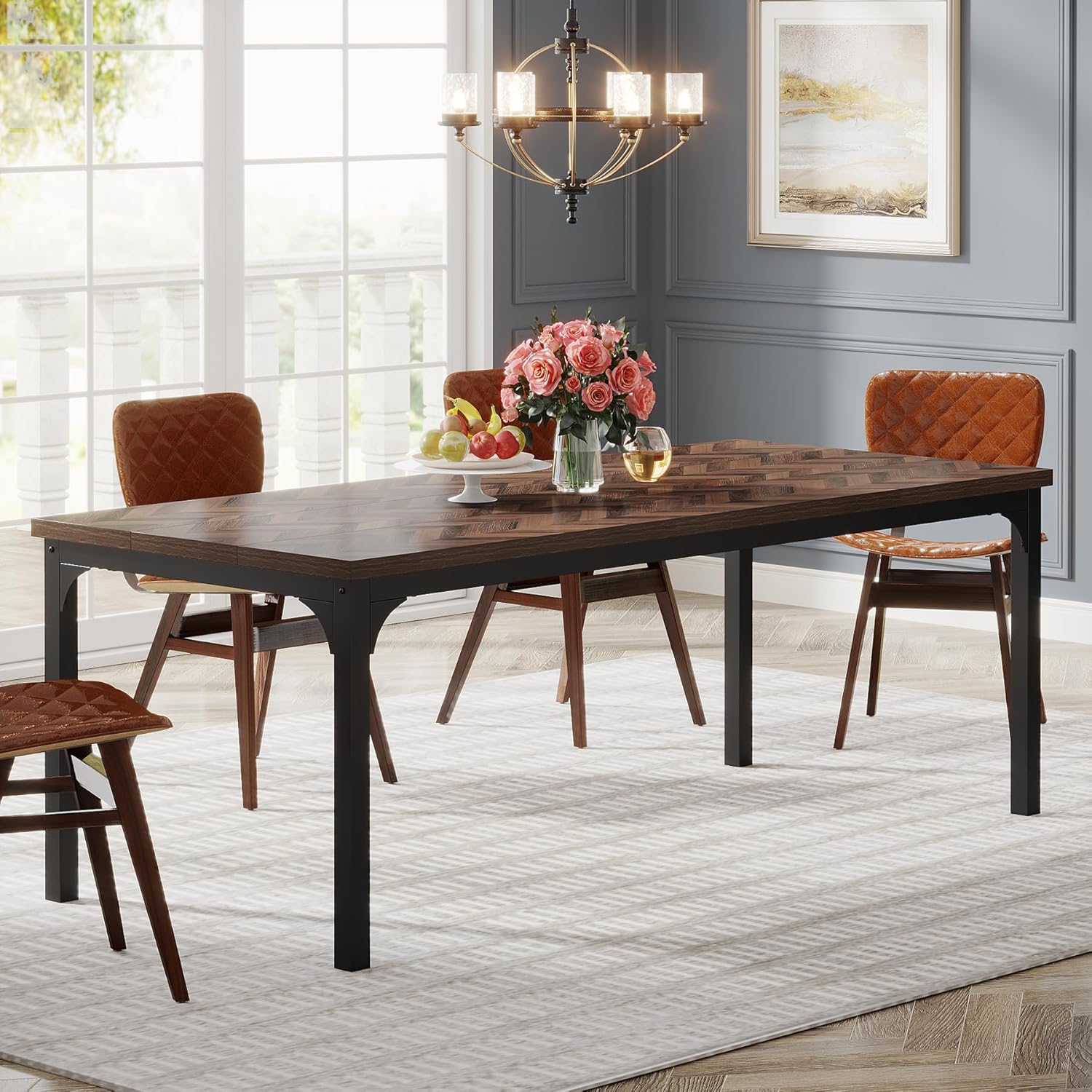 180cm Dining Table, Rectangular Wooden Kitchen Table for 6-8