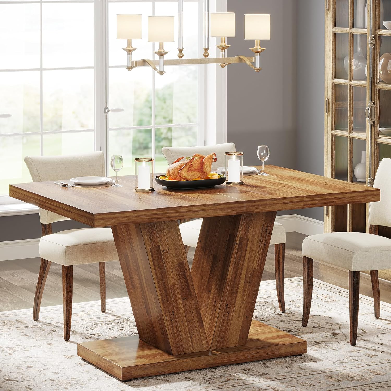 119cm Dining Table, Farmhouse Kitchen Dinner Table with Heavy Duty Pedestal for 4