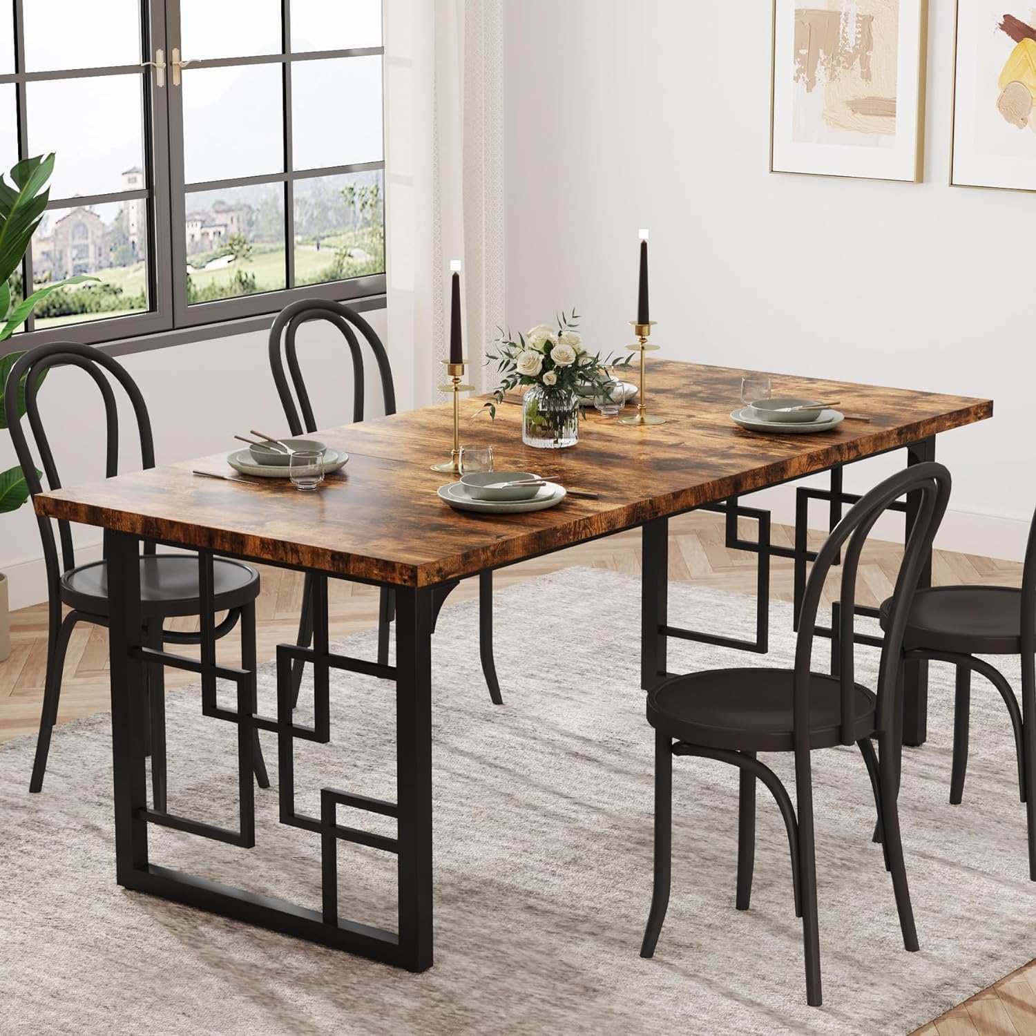 160cm Rectangular Dining Table for 4-6, Rustic Wood Kitchen Table with Black Metal Frame