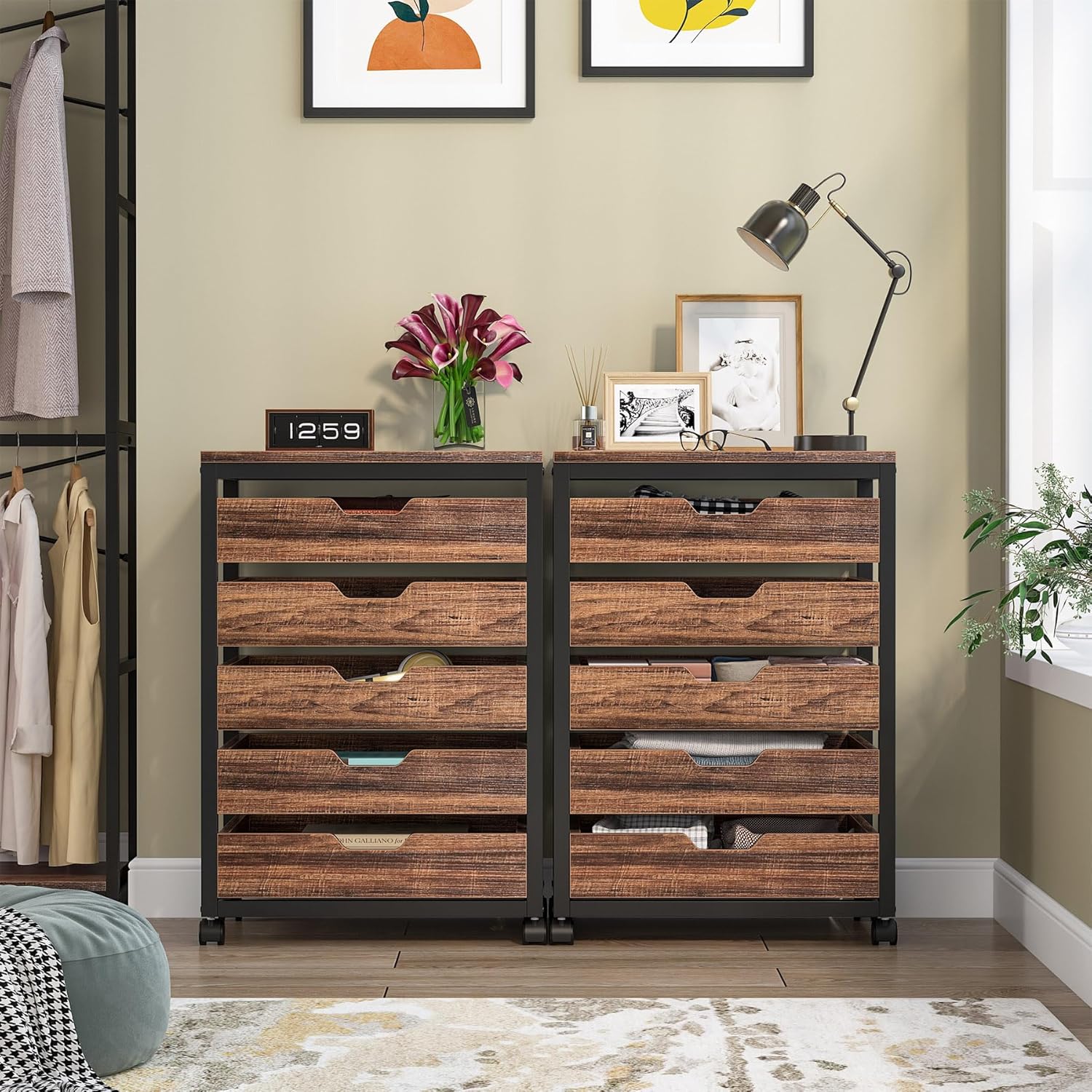 5-Drawer Chest, Industrial Storage Drawer Dresser Cabinet with Wheels