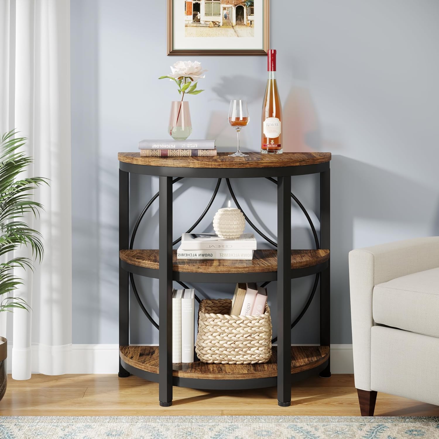 60CM End Table, 3-Tier Half Round Side Table with Storage Shelves