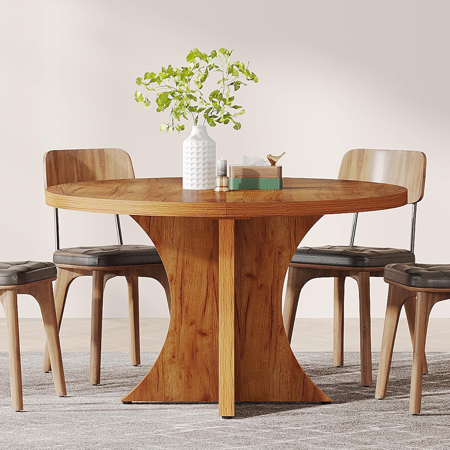 120cm Round Dining Table, Farmhouse Kitchen Table with Pedestal Base for 4-6