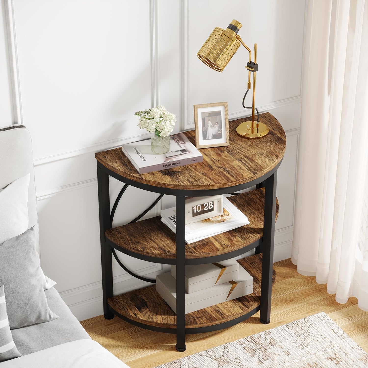 60CM End Table, 3-Tier Half Round Side Table with Storage Shelves