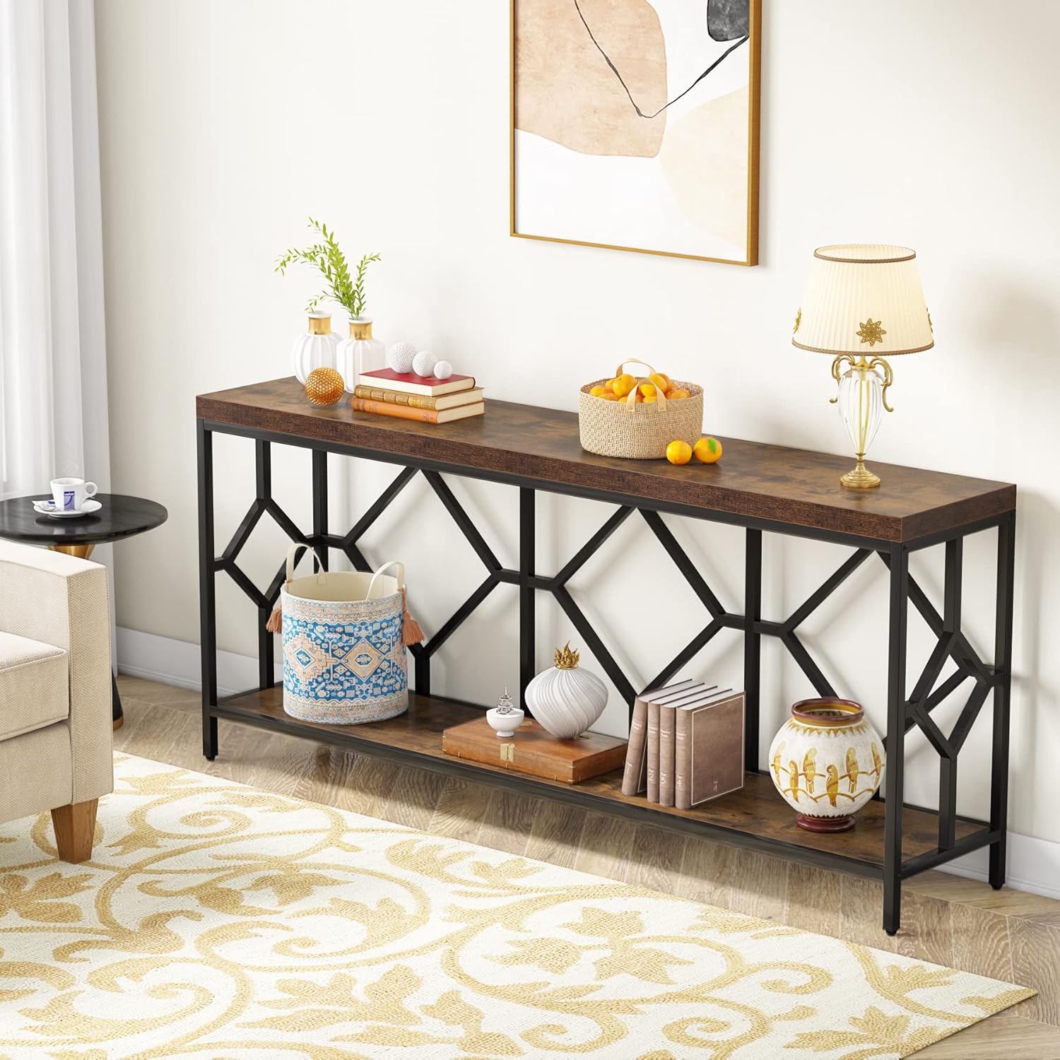 180cm Console Table, Industrial Sofa Table Hallway Table with Open Storage Shelf