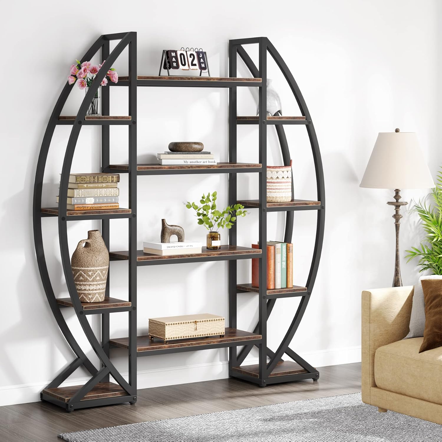 140 CM Bookshelf, 5-Tier Oval Bookcase Etagere Display Shelves