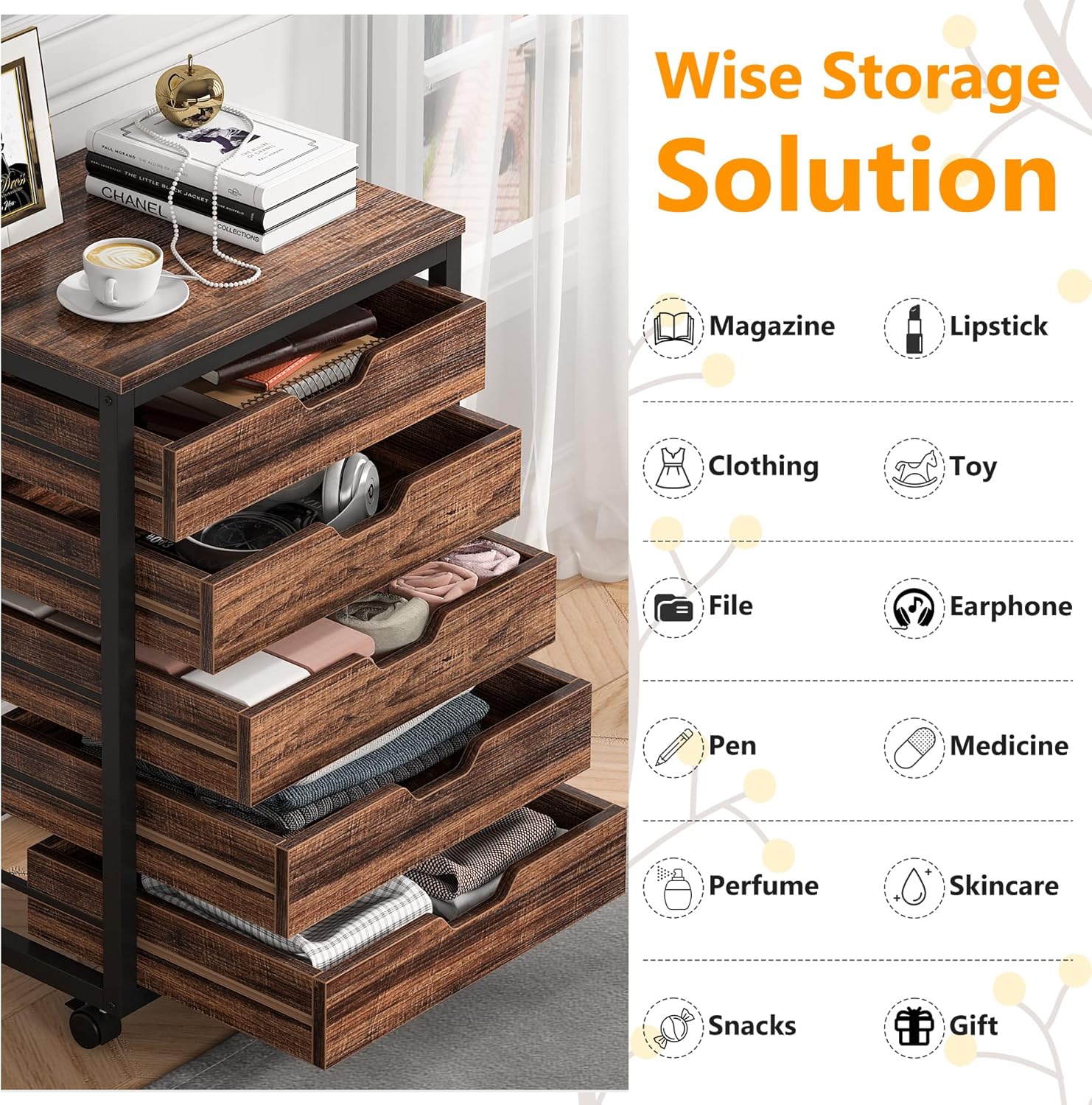 5-Drawer Chest, Industrial Storage Drawer Dresser Cabinet with Wheels