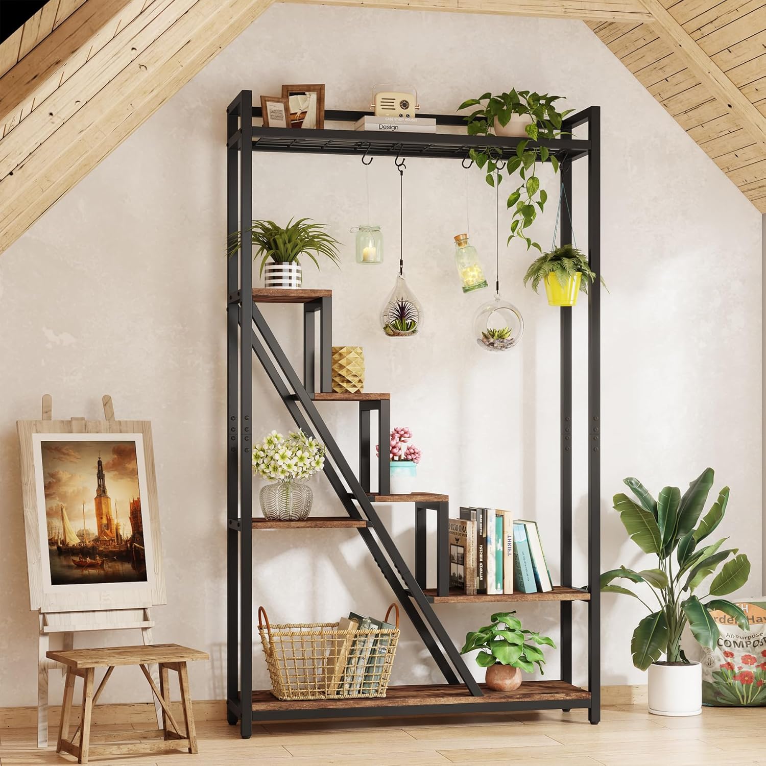 180cm Plant Stand, 7-Tier Display Rack Plant Shelf with 5 S-Hooks