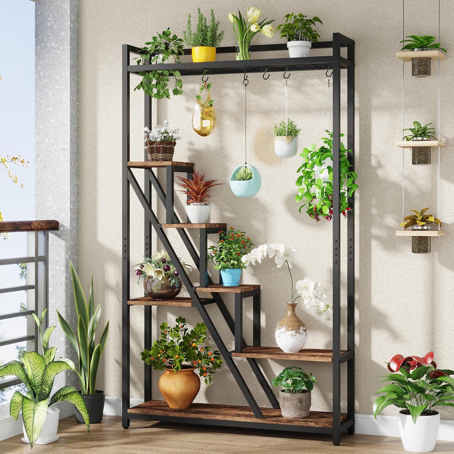 180cm Plant Stand, 7-Tier Display Rack Plant Shelf with 5 S-Hooks