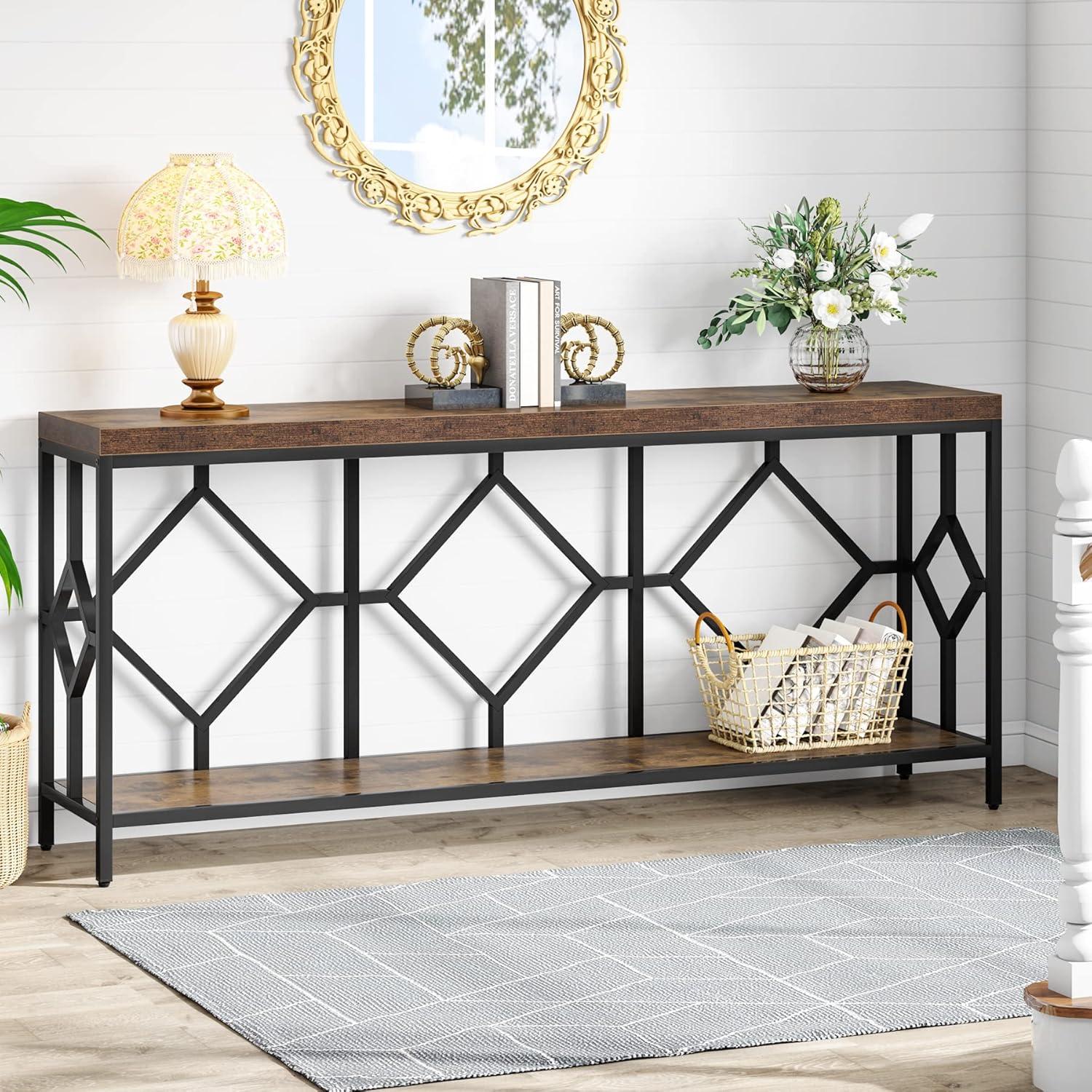 180cm Console Table, Industrial Sofa Table Hallway Table with Open Storage Shelf
