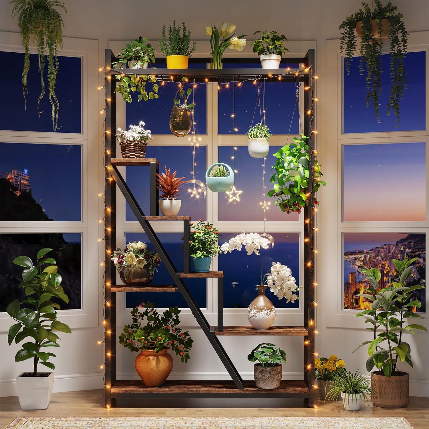 180cm Plant Stand, 7-Tier Display Rack Plant Shelf with 5 S-Hooks