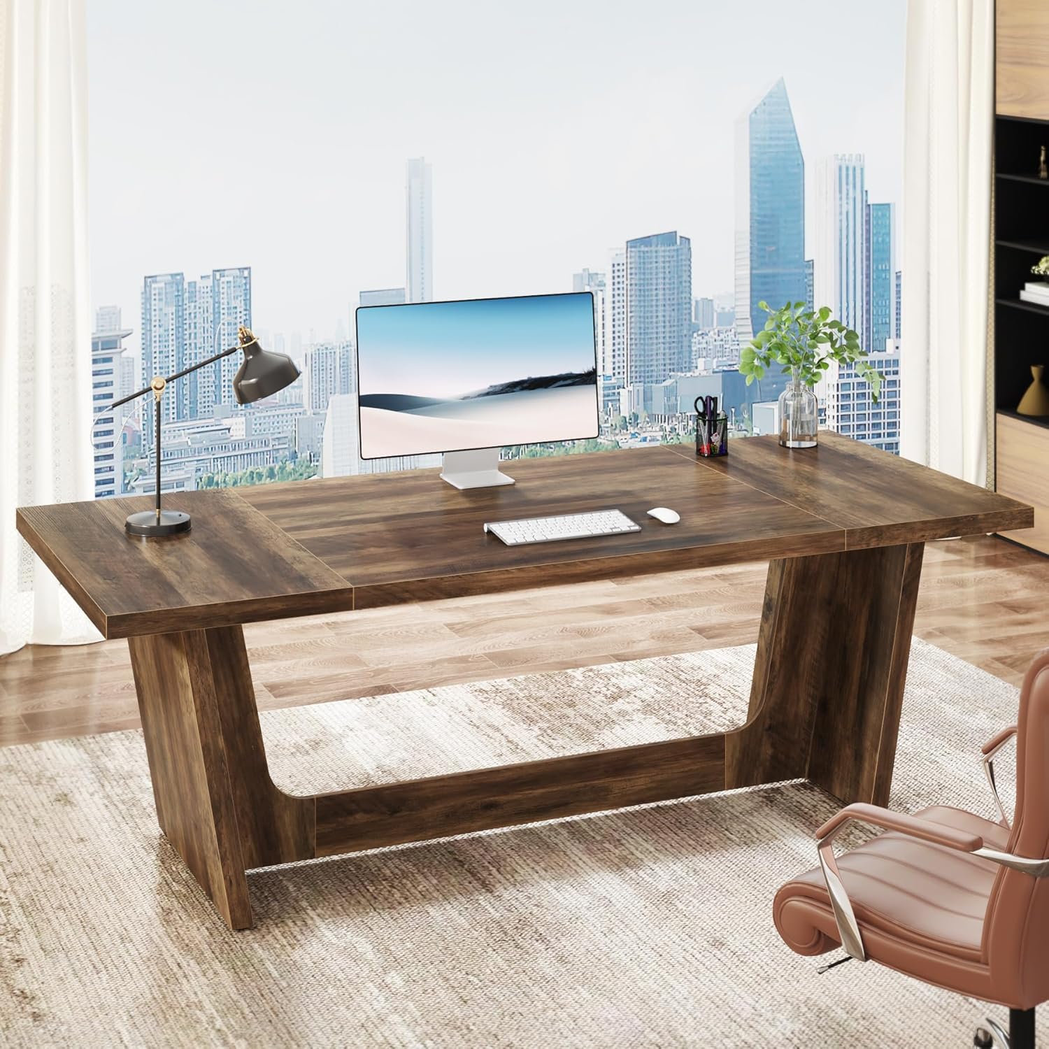 70.8" Executive Desk, Home Office Computer Desk with Solid Wooden Pedestal