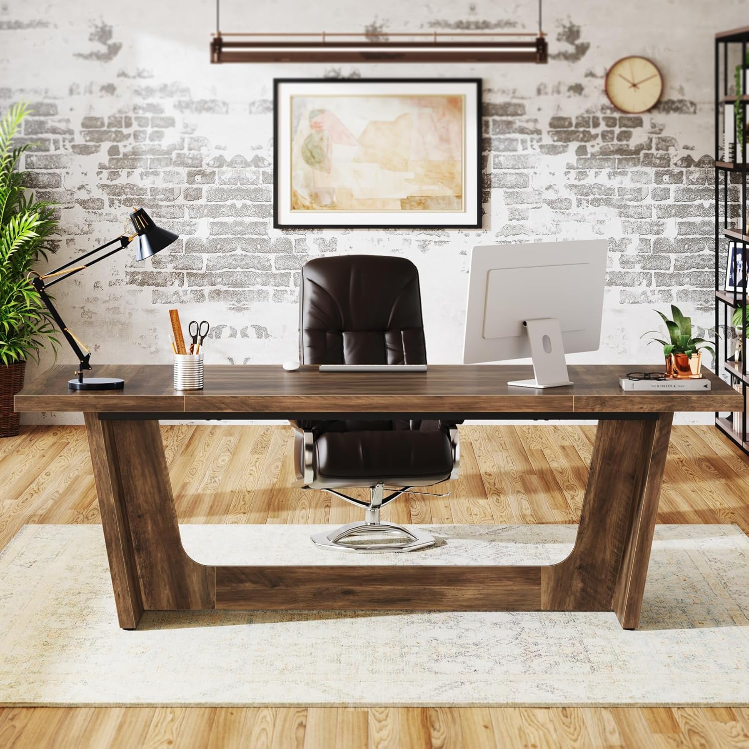 70.8" Executive Desk, Home Office Computer Desk with Solid Wooden Pedestal
