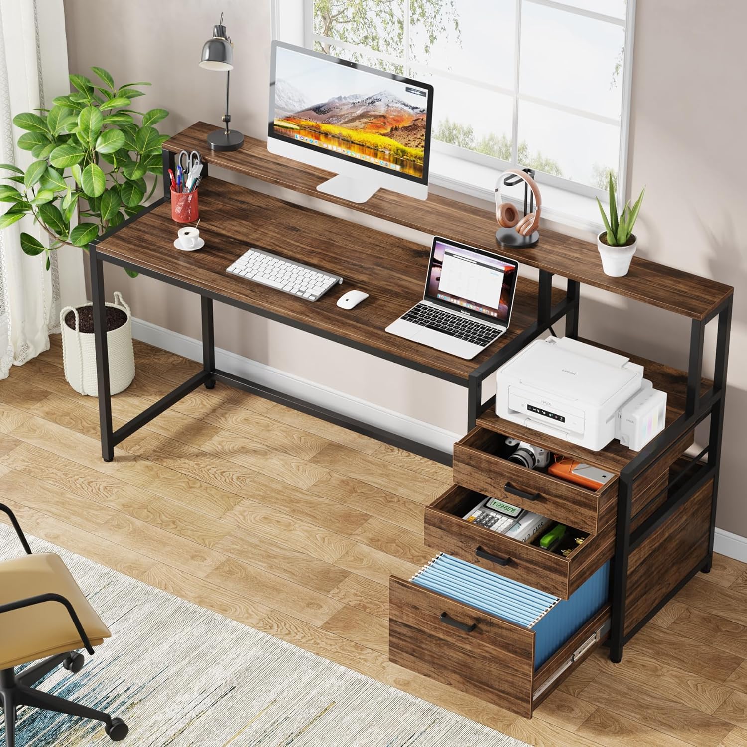 160 CM Computer Desk, Office Desk with Monitor Stand and File Drawer Cabinet