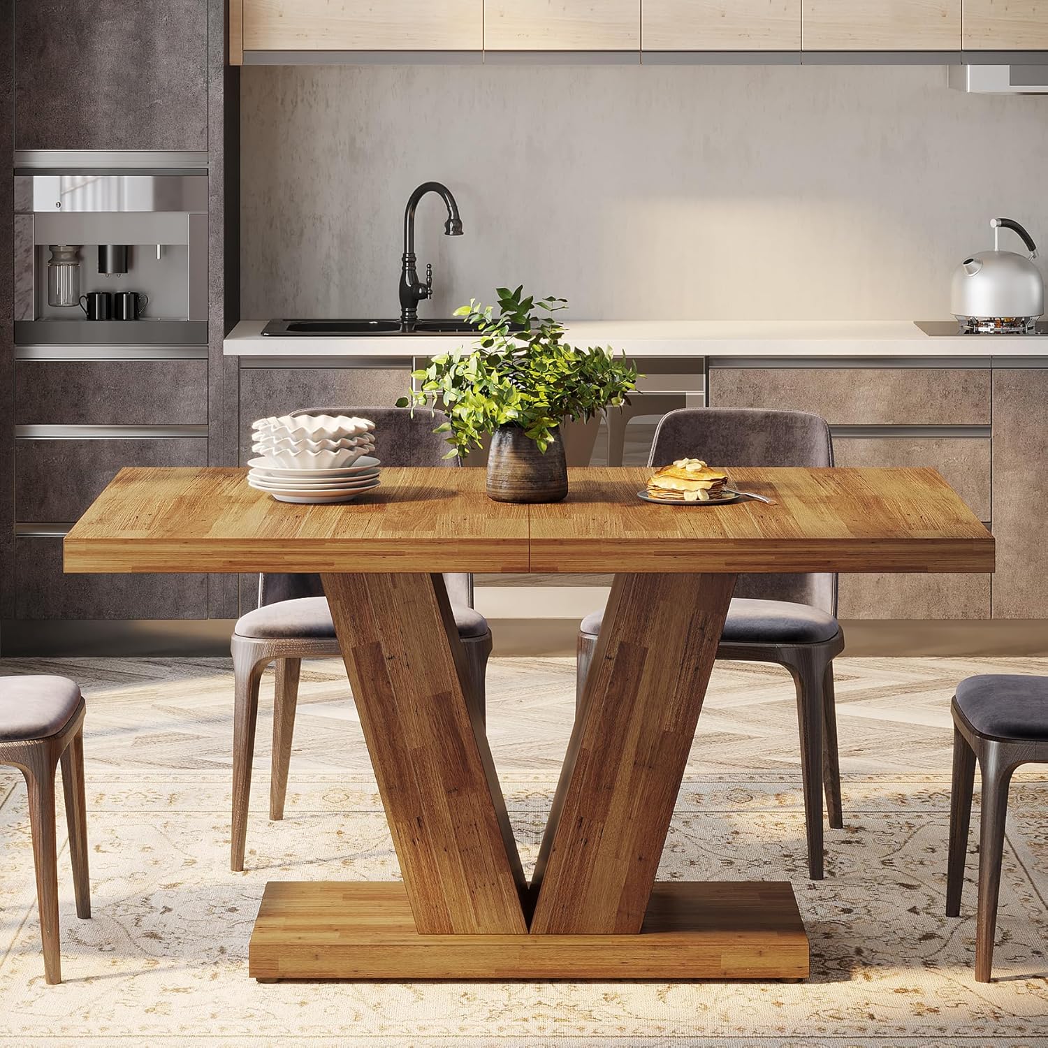 119cm Dining Table, Farmhouse Kitchen Dinner Table with Heavy Duty Pedestal for 4