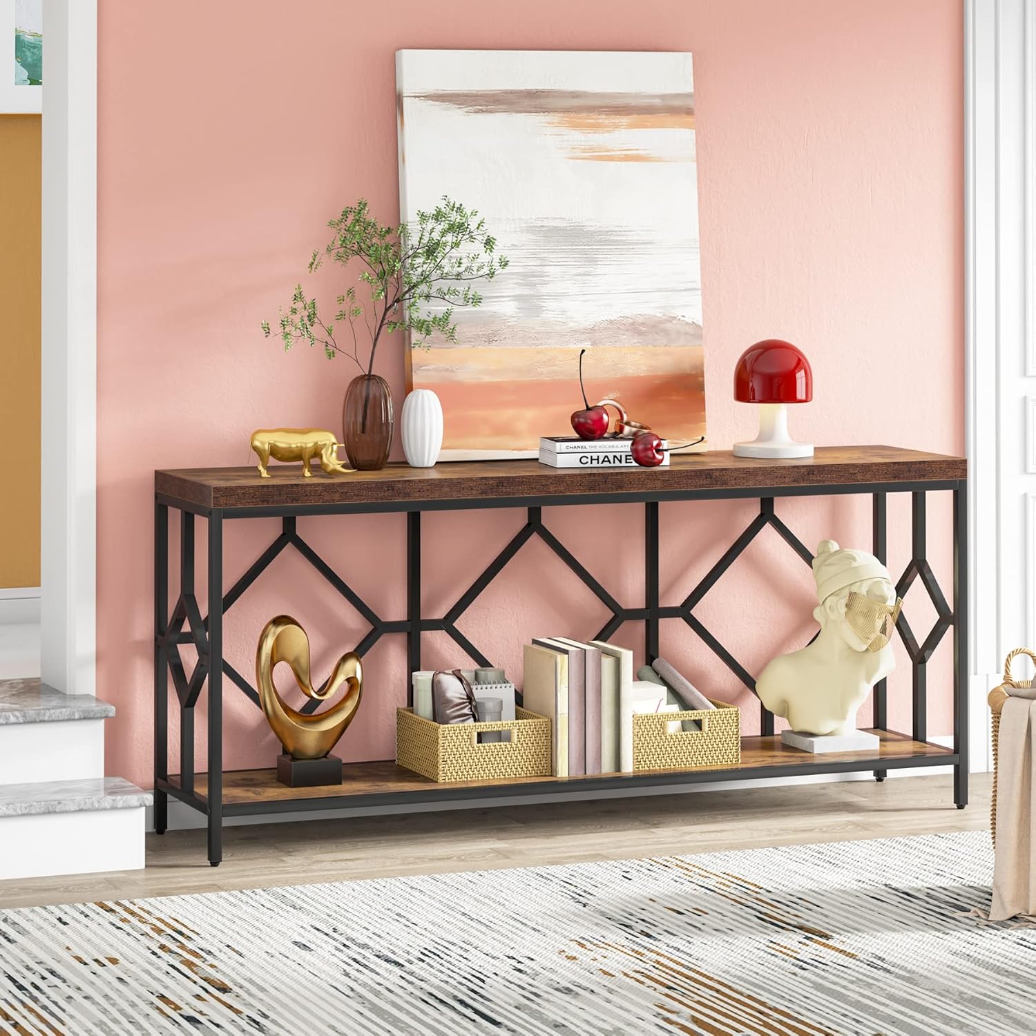 180cm Console Table, Industrial Sofa Table Hallway Table with Open Storage Shelf