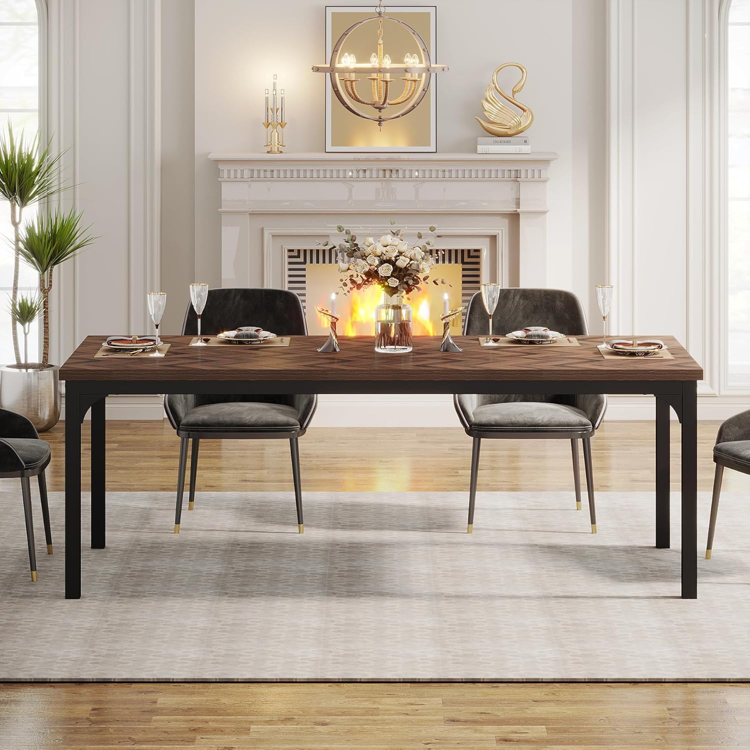 180cm Dining Table, Rectangular Wooden Kitchen Table for 6-8