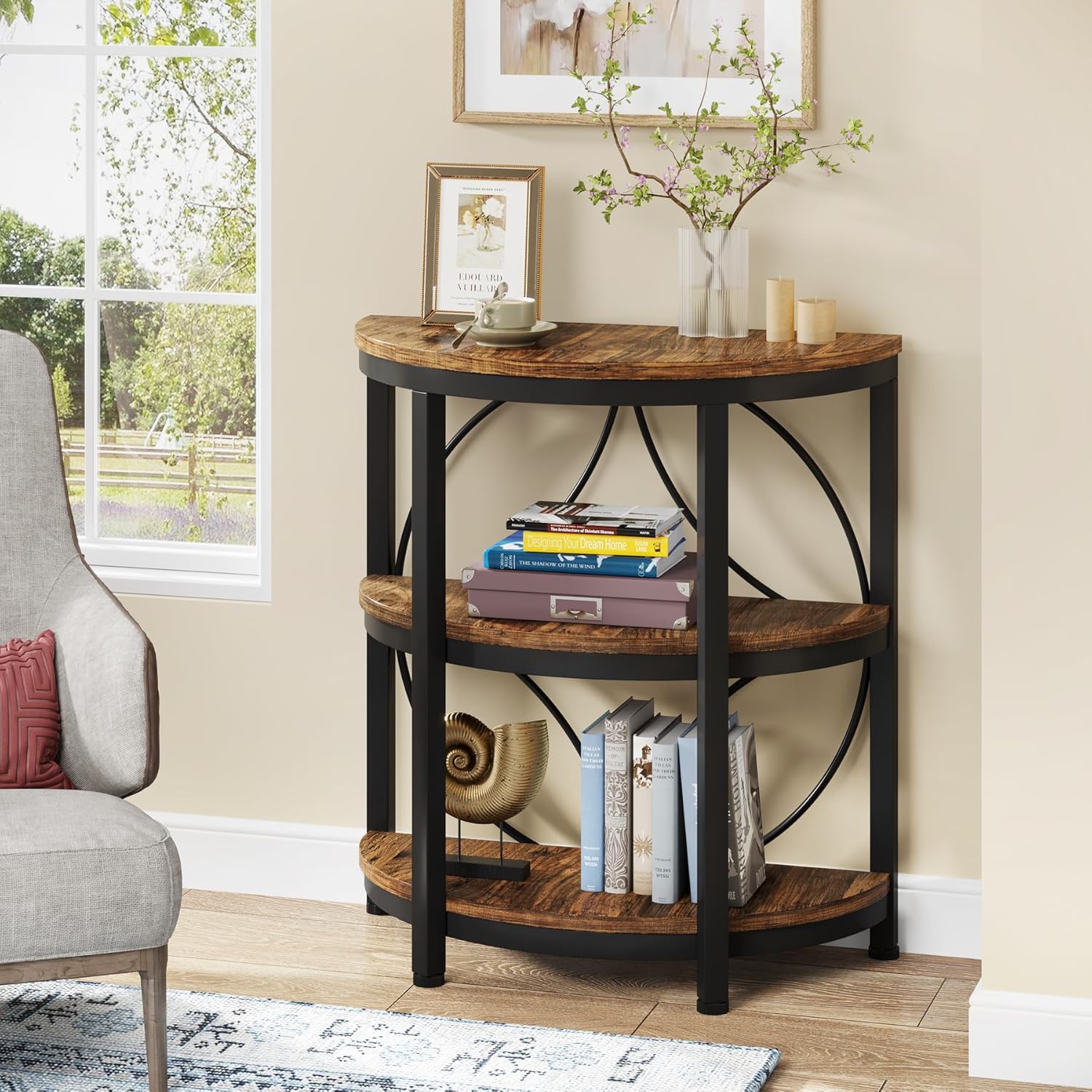 60CM End Table, 3-Tier Half Round Side Table with Storage Shelves