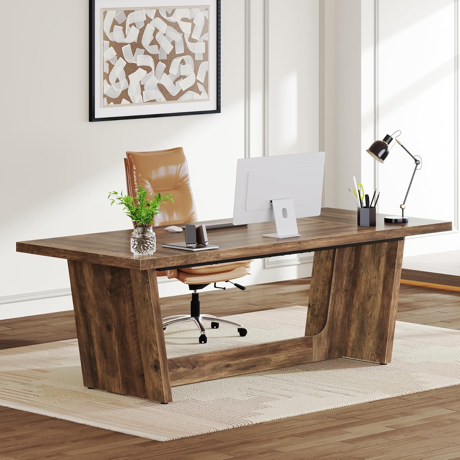 70.8" Executive Desk, Home Office Computer Desk with Solid Wooden Pedestal