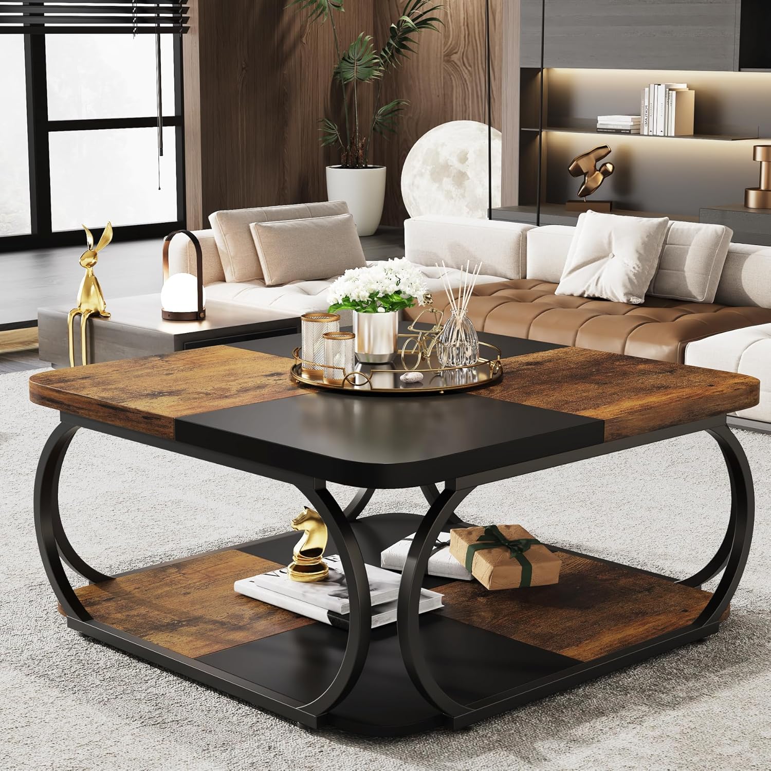 Tribesigns 100cm Coffee Table, 2-Tier Square Center Table with Storage Shelf