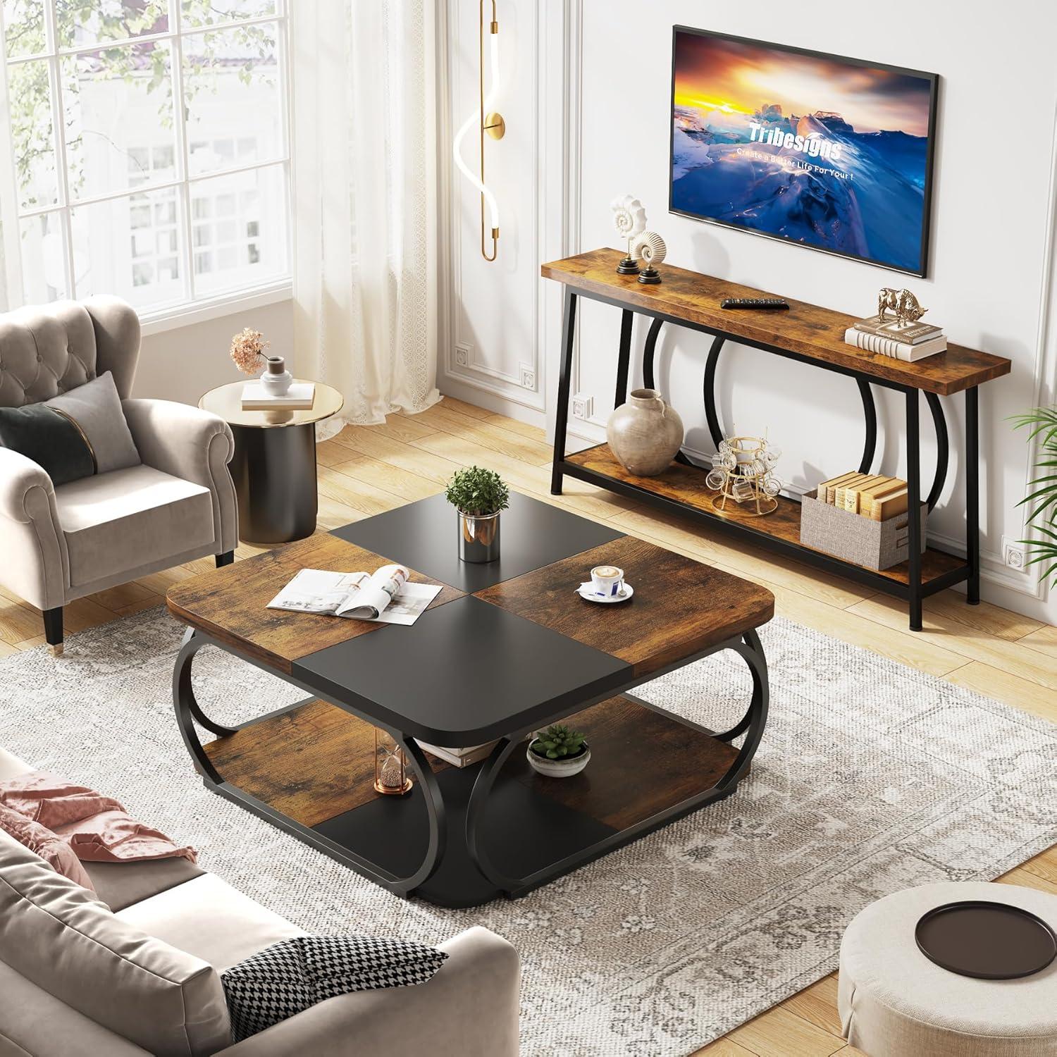Tribesigns 100cm Coffee Table, 2-Tier Square Center Table with Storage Shelf