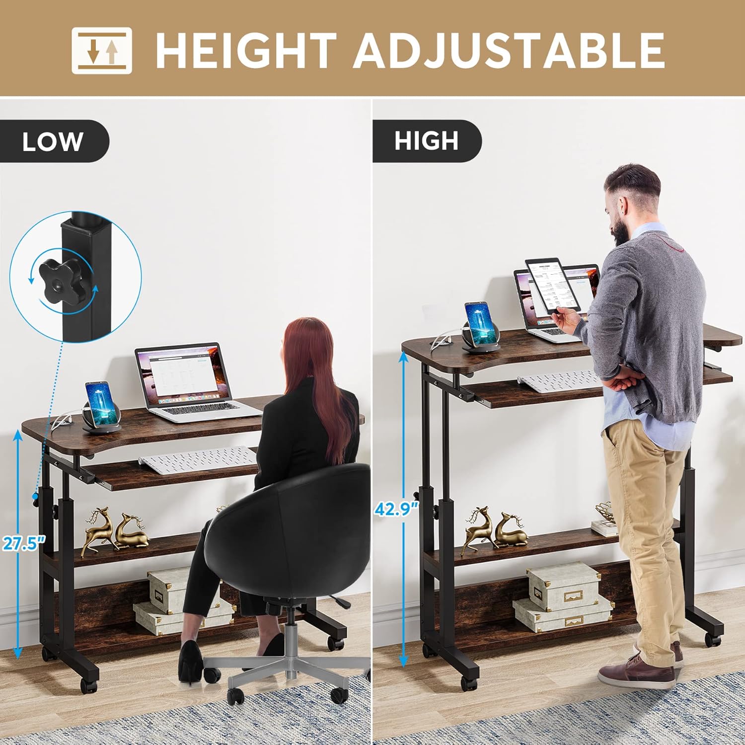 90 cm Portable Desk, Height Adjustable Side Table with Power Outlets