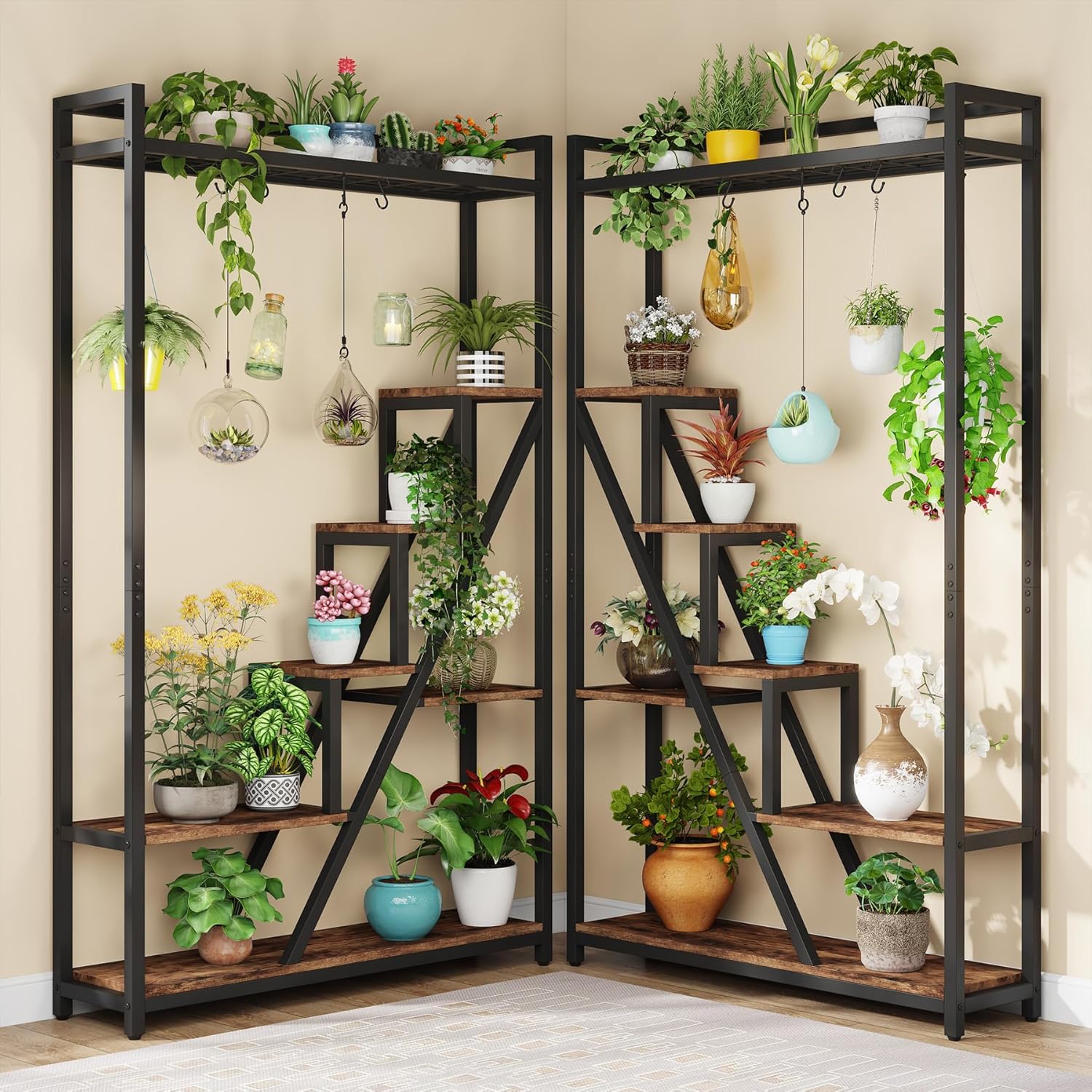 180cm Plant Stand, 7-Tier Display Rack Plant Shelf with 5 S-Hooks