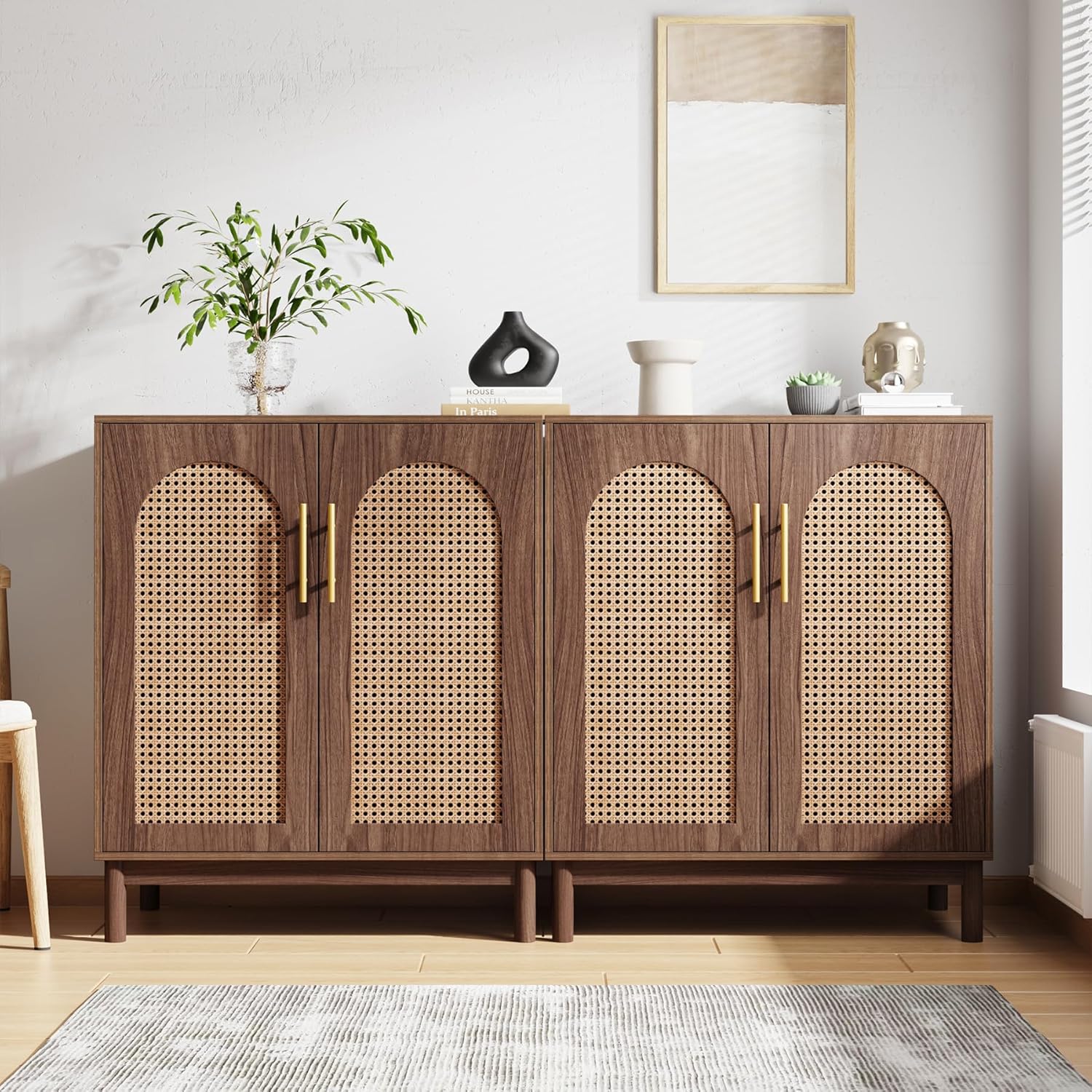 150 CM Sideboard Buffet, Set of 2 Rattan Accent Cabinet with Storage