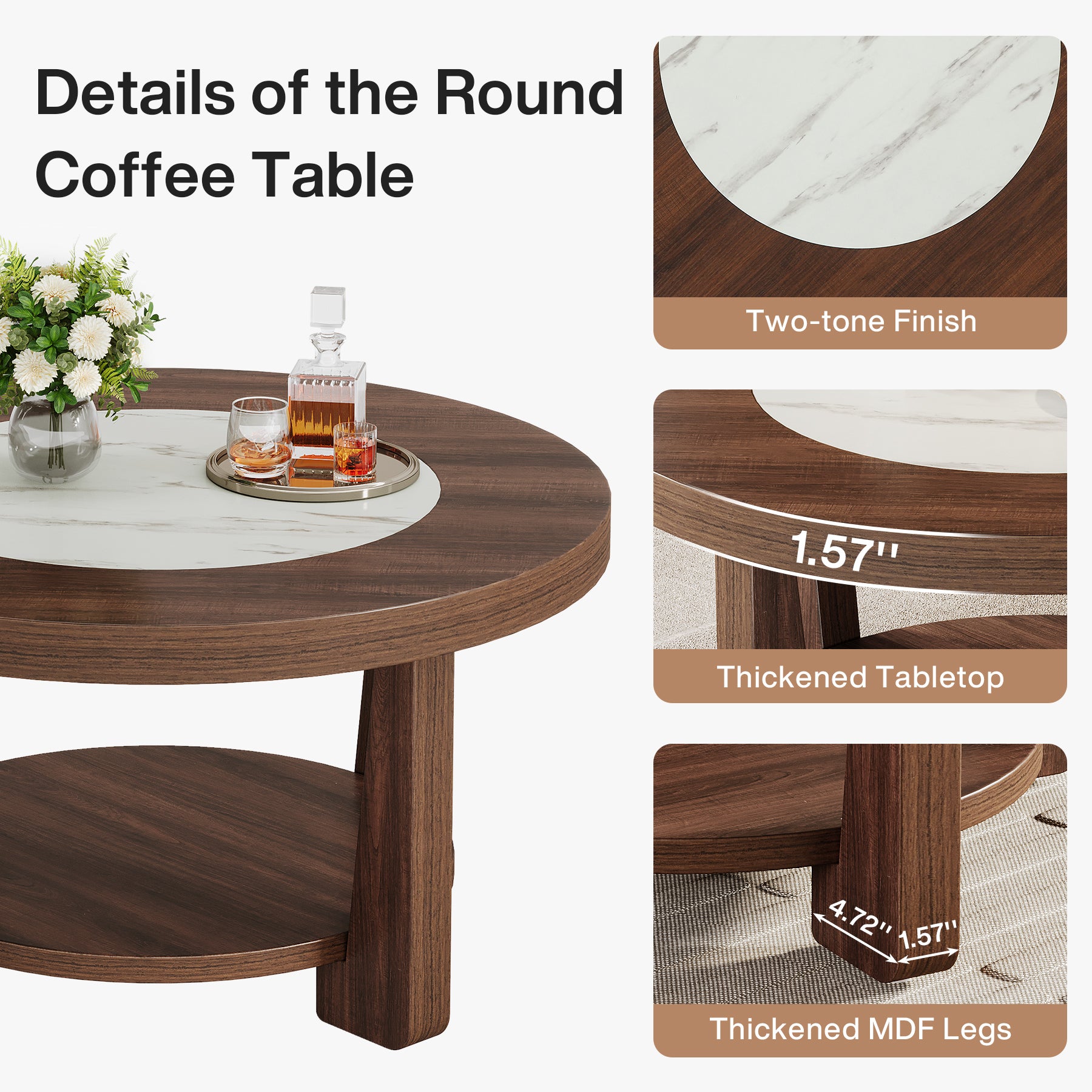 2-Tier Coffee Table, Round Accent Center Table with Heavy-Duty Tabletop