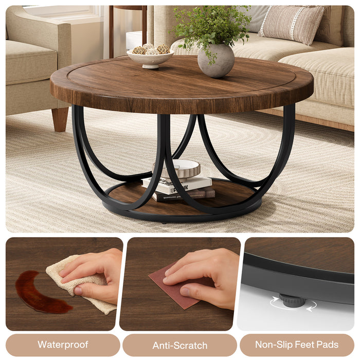 80 cm Round Coffee Table with Storage Shelf, 2-Tier Centre Table with Metal Frame in Industrial Style