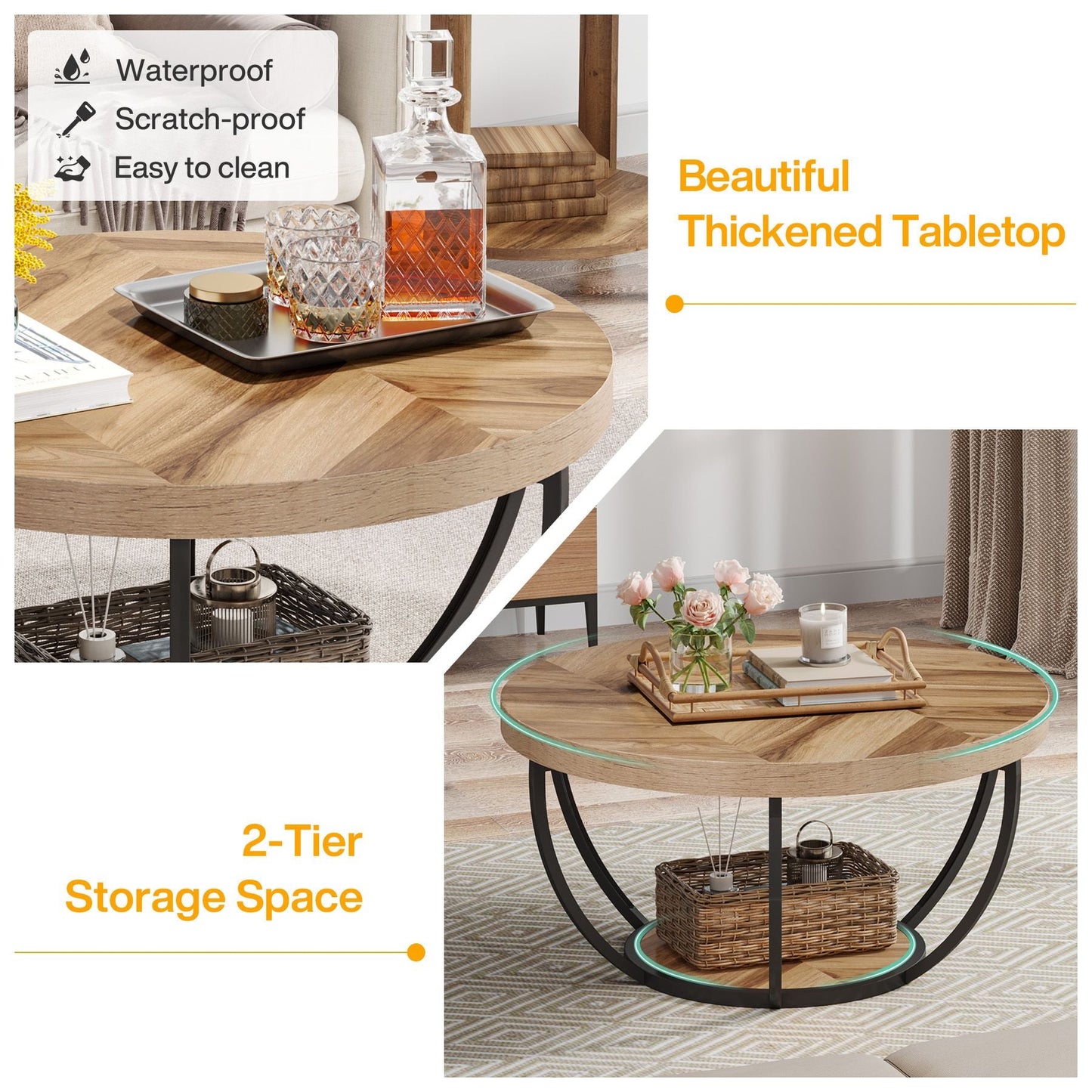 Round Wooden Coffee Table with 2-Tier Shelves