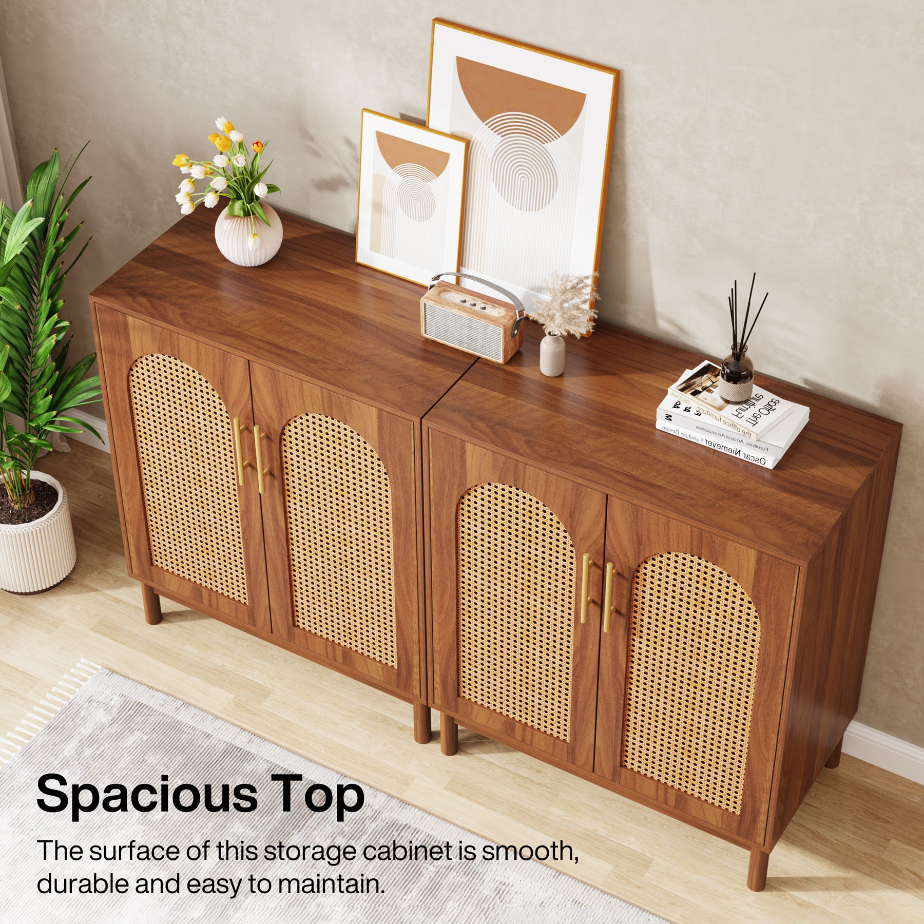150cm Sideboard Buffet, Set of 2 Rattan Accent Cabinet with Storage