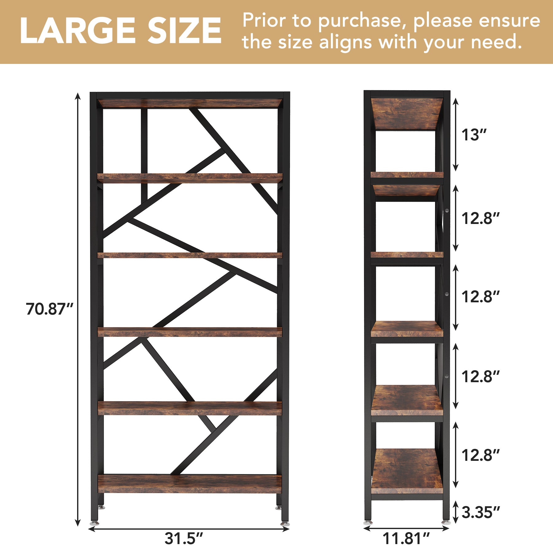 180cm Industrial Bookshelf, 6-Tier Freestanding Etagere Storage Shelf for Home Office