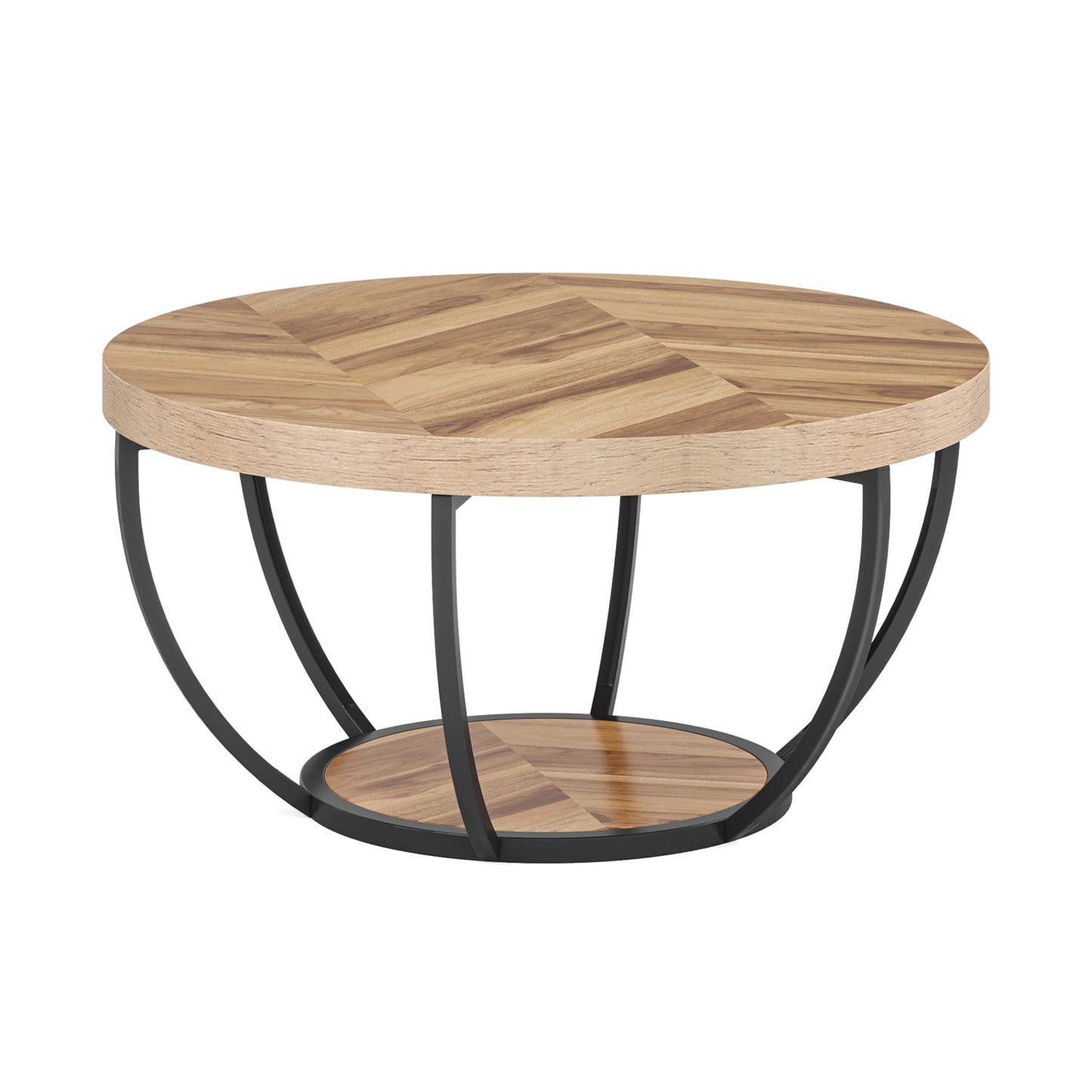 Round Wooden Coffee Table with 2-Tier Shelves