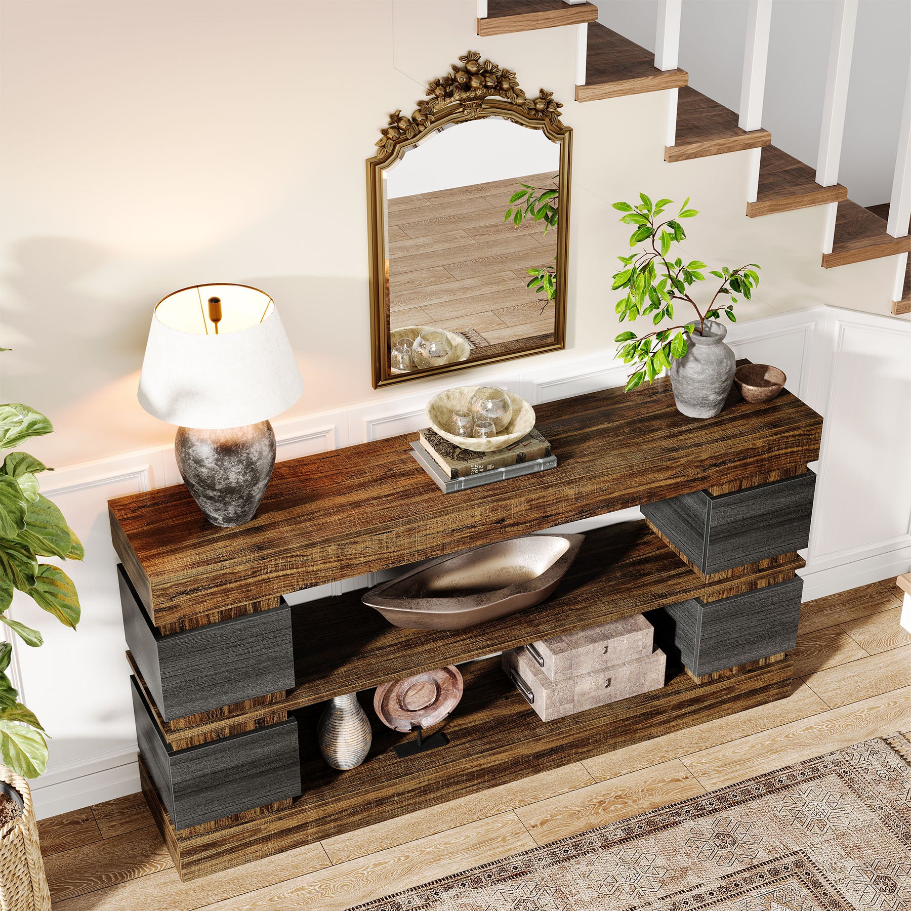 160cm Farmhouse 3-Tier Console Table with 4 Storage Compartments, Long Wooden Entryway & Sofa Table