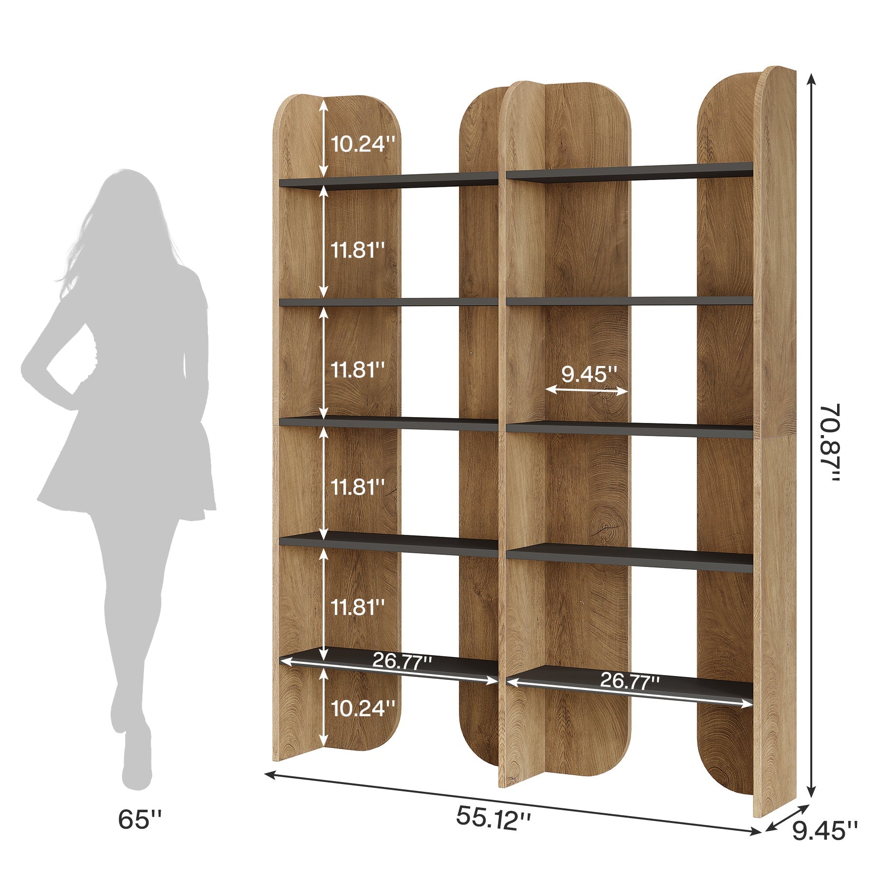 180cm Tall Double-Wide Bookshelf, 5-Tier Open Display Shelf in Farmhouse Style