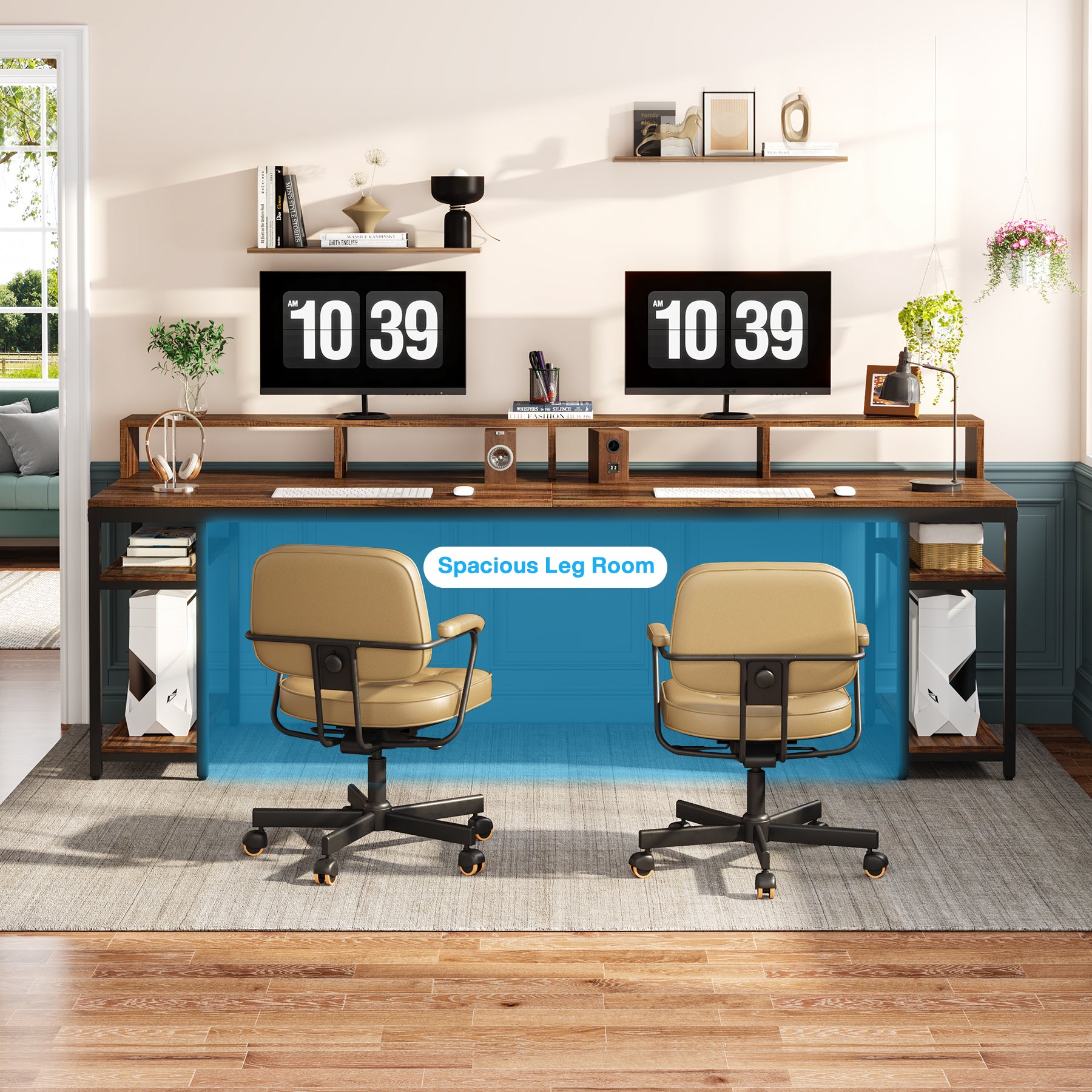 200 cm Two-Person Desk, Long Computer Desk with Monitor Stand and Storage Shelves
