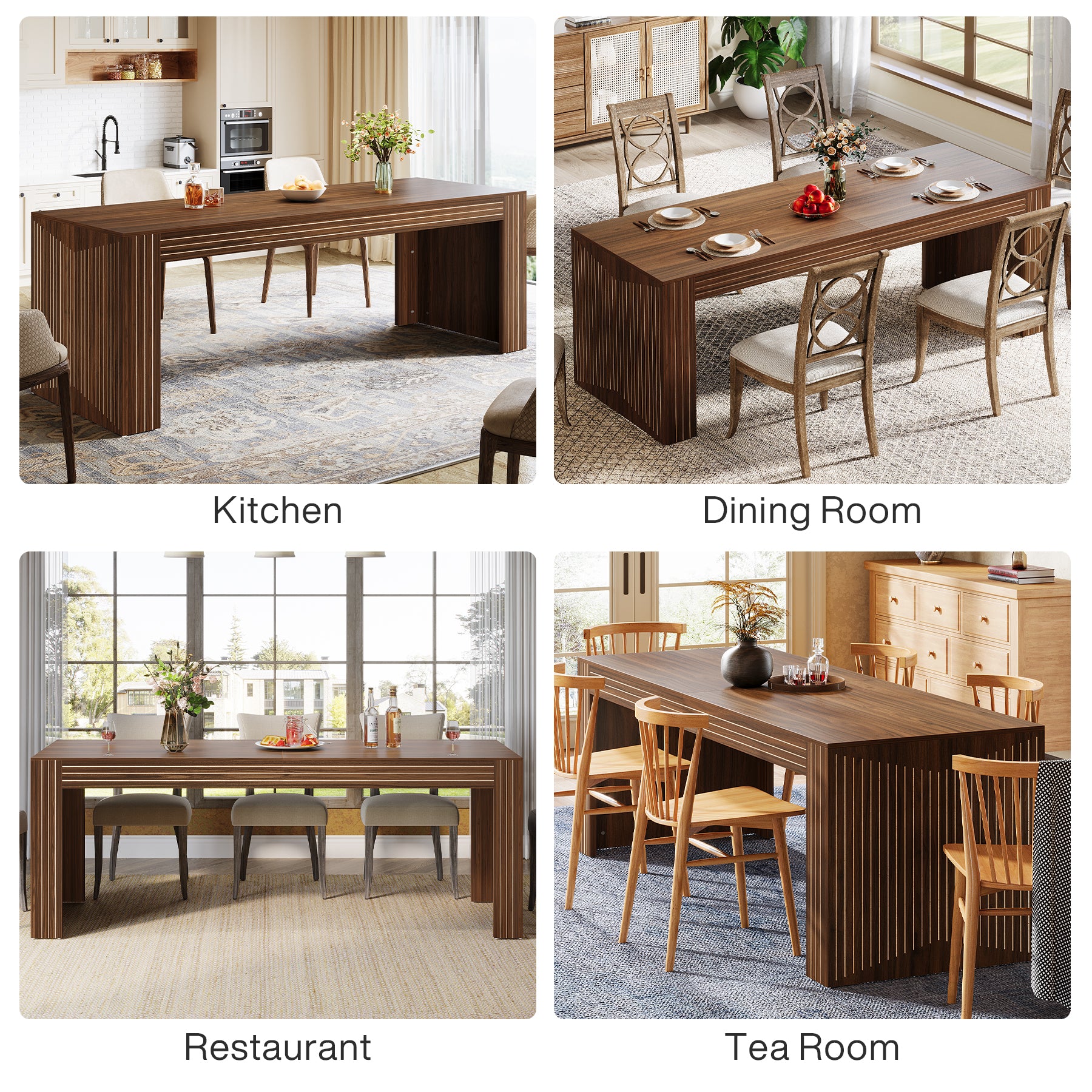 200cm Large Walnut Dining Table for 6-8, Rectangular Modern Farmhouse Table with Heavy-Duty Pedestal