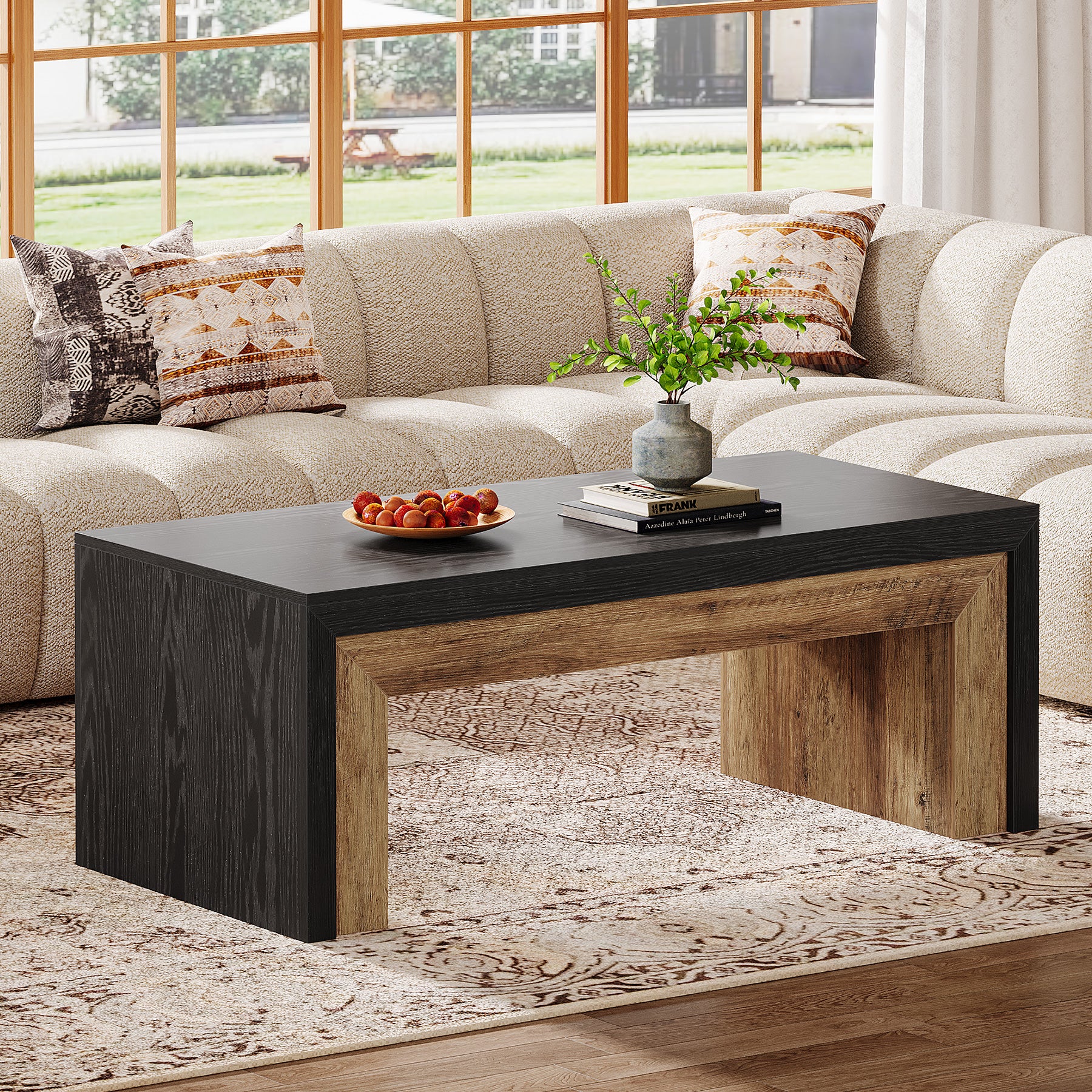 120cm Rectangular Coffee Table with Solid Base, Living Room Centre Table in Mid-Century Style