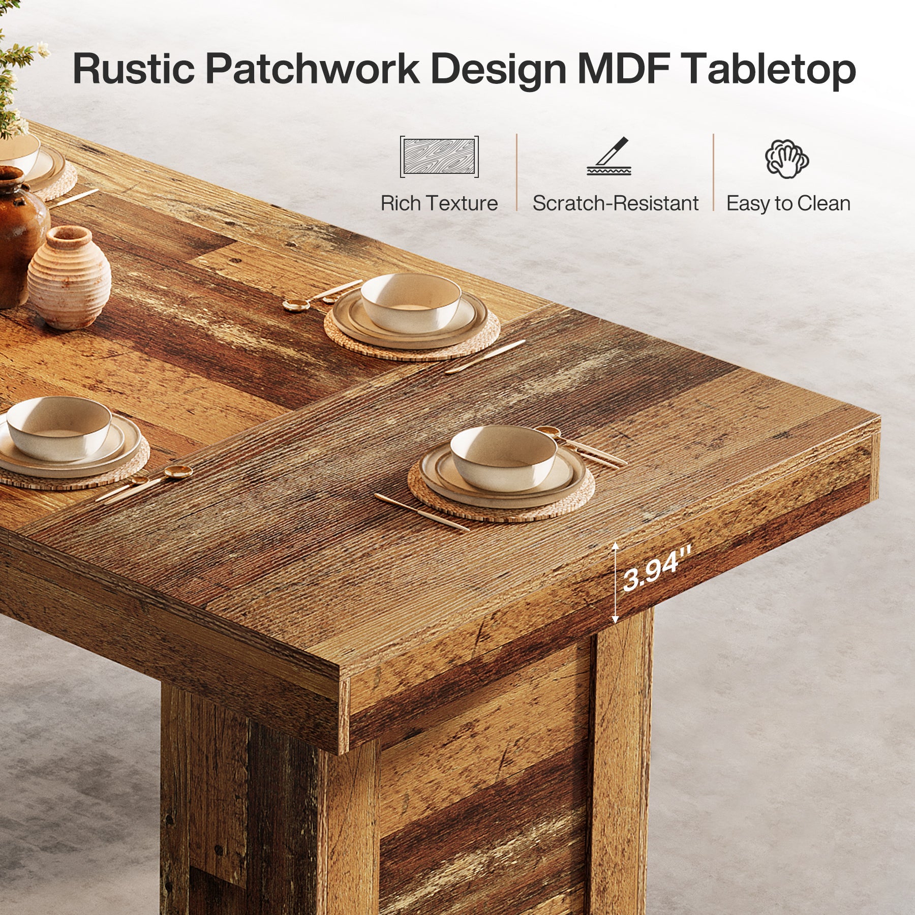 160 cm Farmhouse Dining Table for 6–8, Rectangular Wooden Kitchen Table with Heavy-Duty Legs