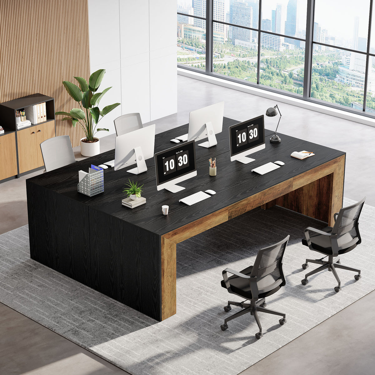 200 cm Office Desk, Rustic Brown and Black Computer Desk