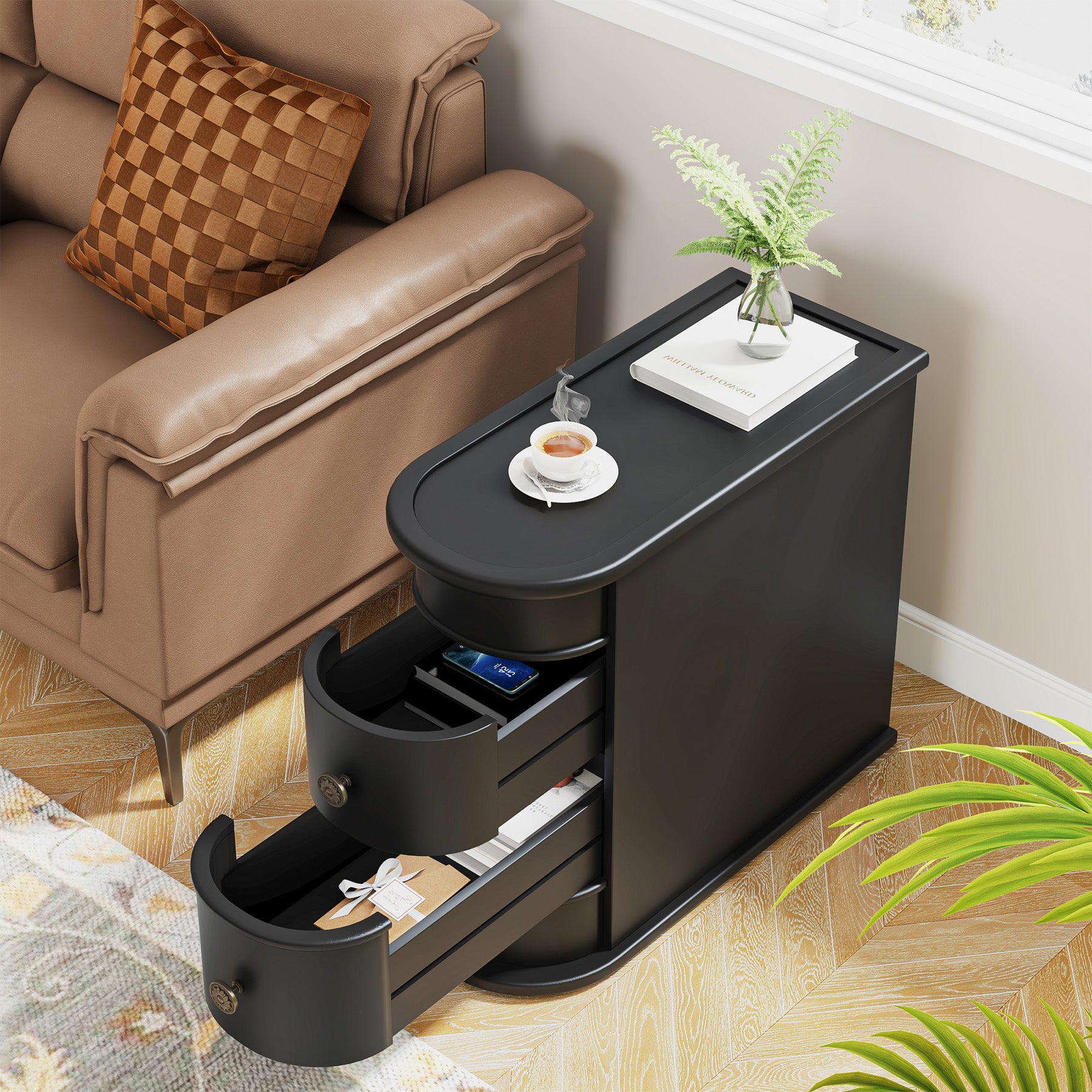 Wood Narrow Side Table with 2 Drawers - Modern Bedside Table