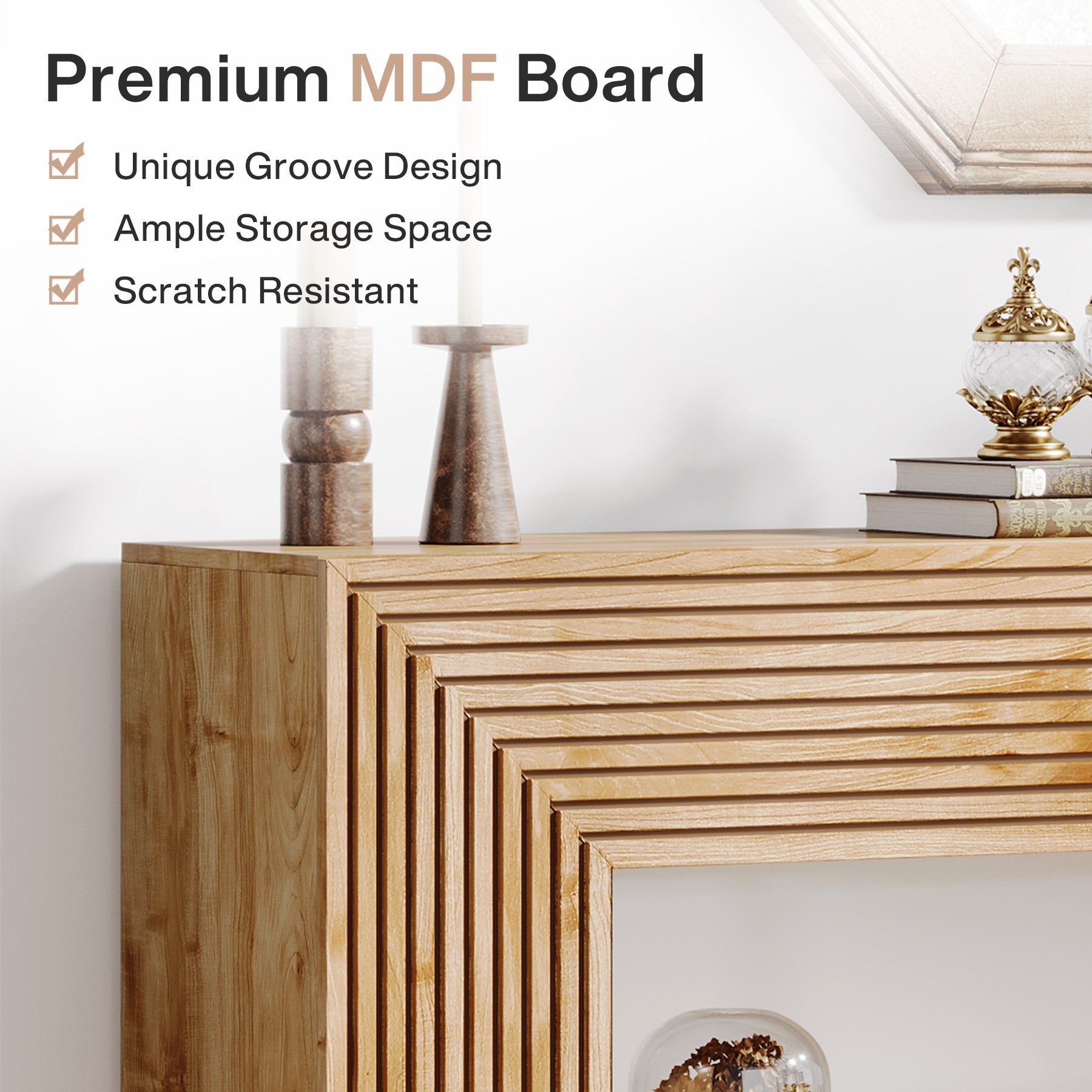 150cm Fluted Farmhouse Console Table with Storage Shelf, Rectangular Wood Sofa Table
