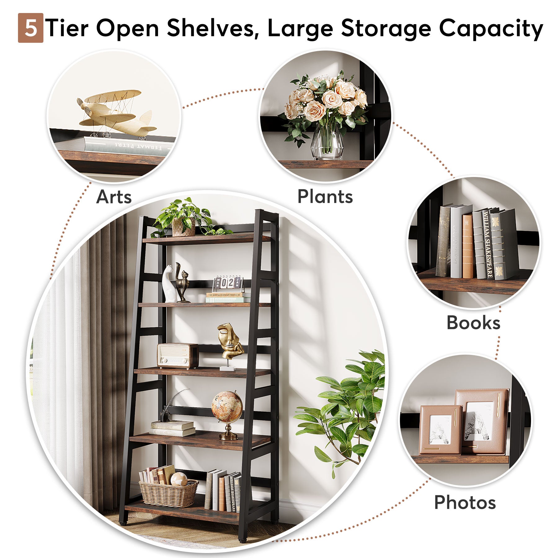 144 cm Industrial 5-Tier Bookshelf, Rustic Wood Ladder Shelf Bookcase with Metal Frame