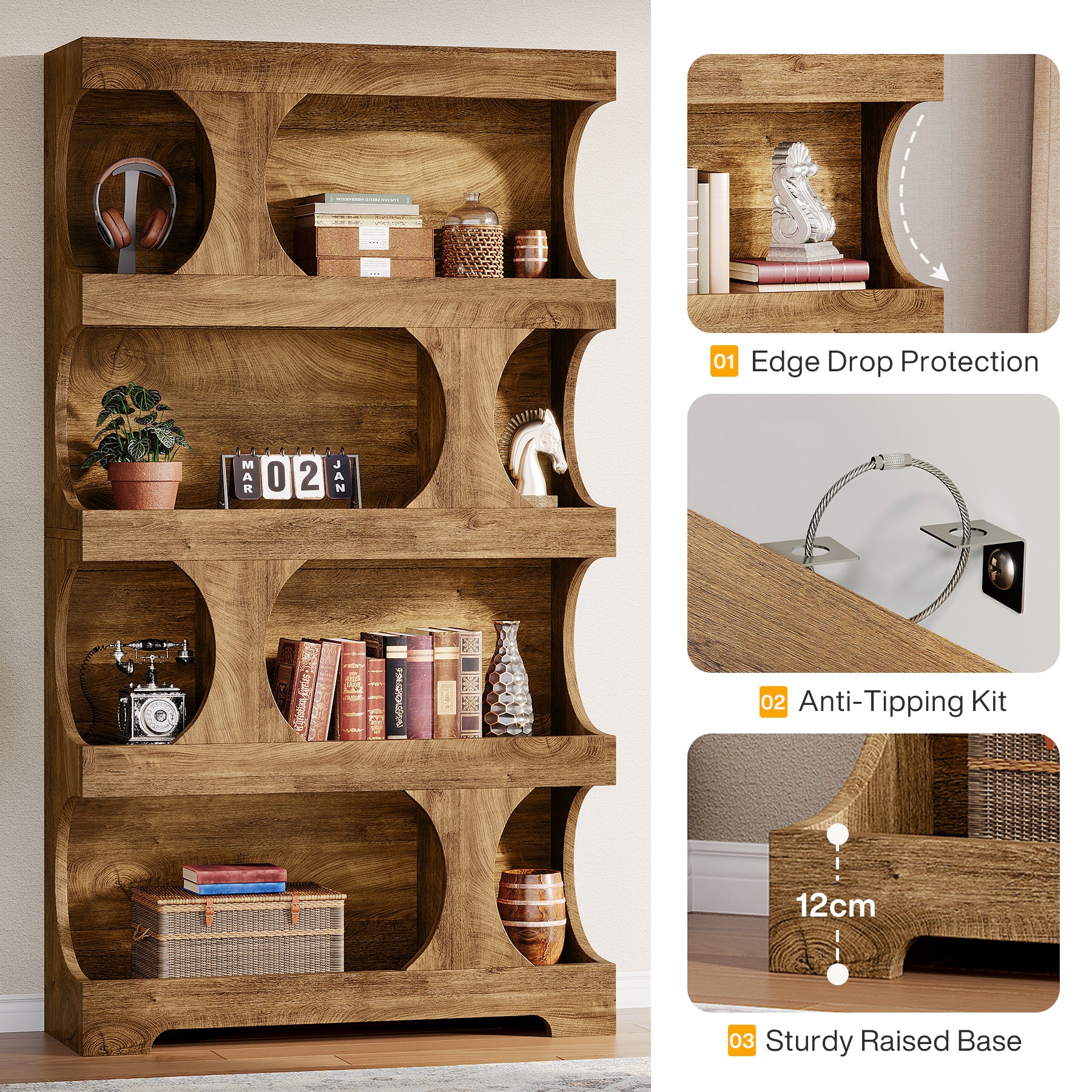 181 cm Tall Bookcase, 4-Tier Asymmetrical Bookshelf, 100 cm Wide Freestanding Display Shelf for Living Room or Home Office