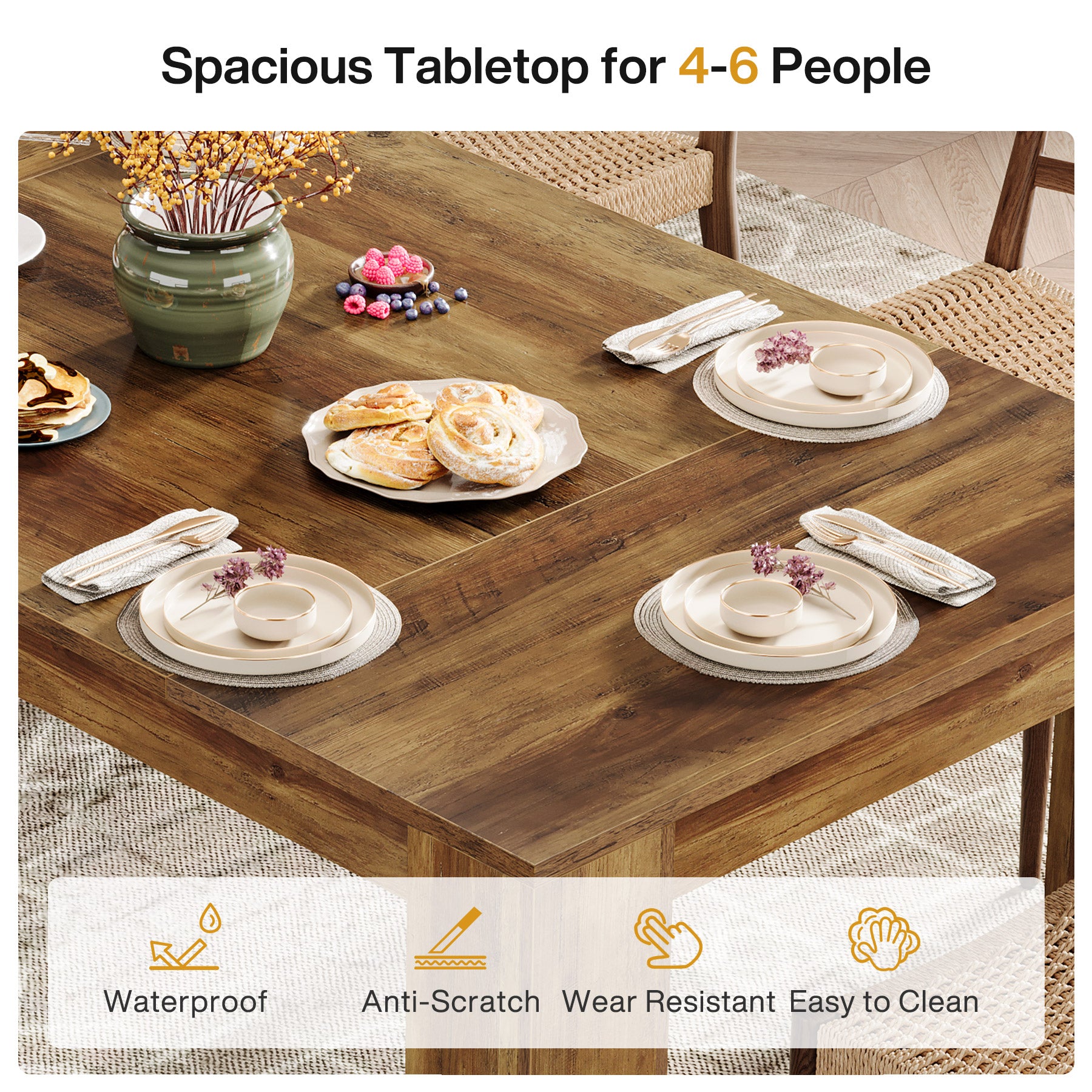 160cm Dining Table, Farmhouse Kitchen Dinner Table for 4-6 People
