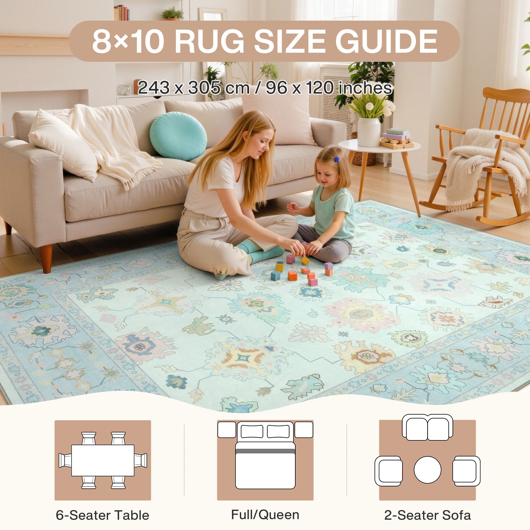 Oeko-Tex Certified Bohemian Floral Rug, Easy-Clean Low-Pile Oushak Carpet with Non-Skid Backing