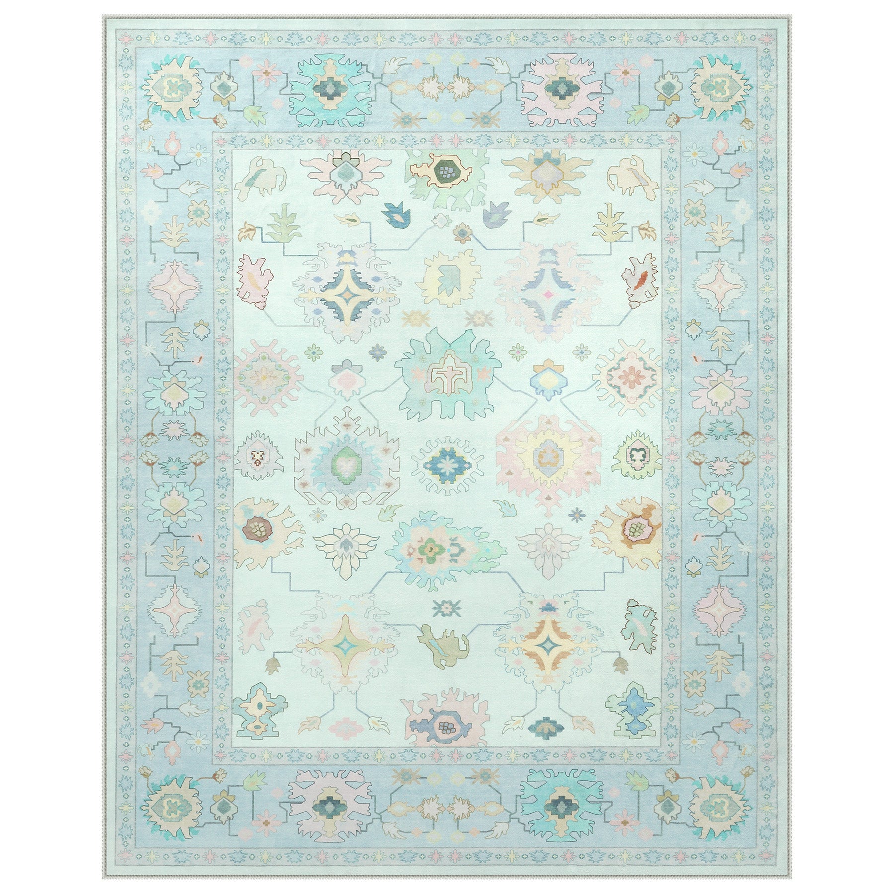 Oeko-Tex Certified Bohemian Floral Rug, Easy-Clean Low-Pile Oushak Carpet with Non-Skid Backing