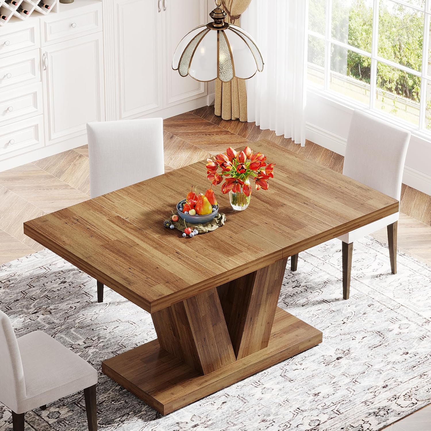 119cm Dining Table, Farmhouse Kitchen Dinner Table with Heavy Duty Pedestal for 4